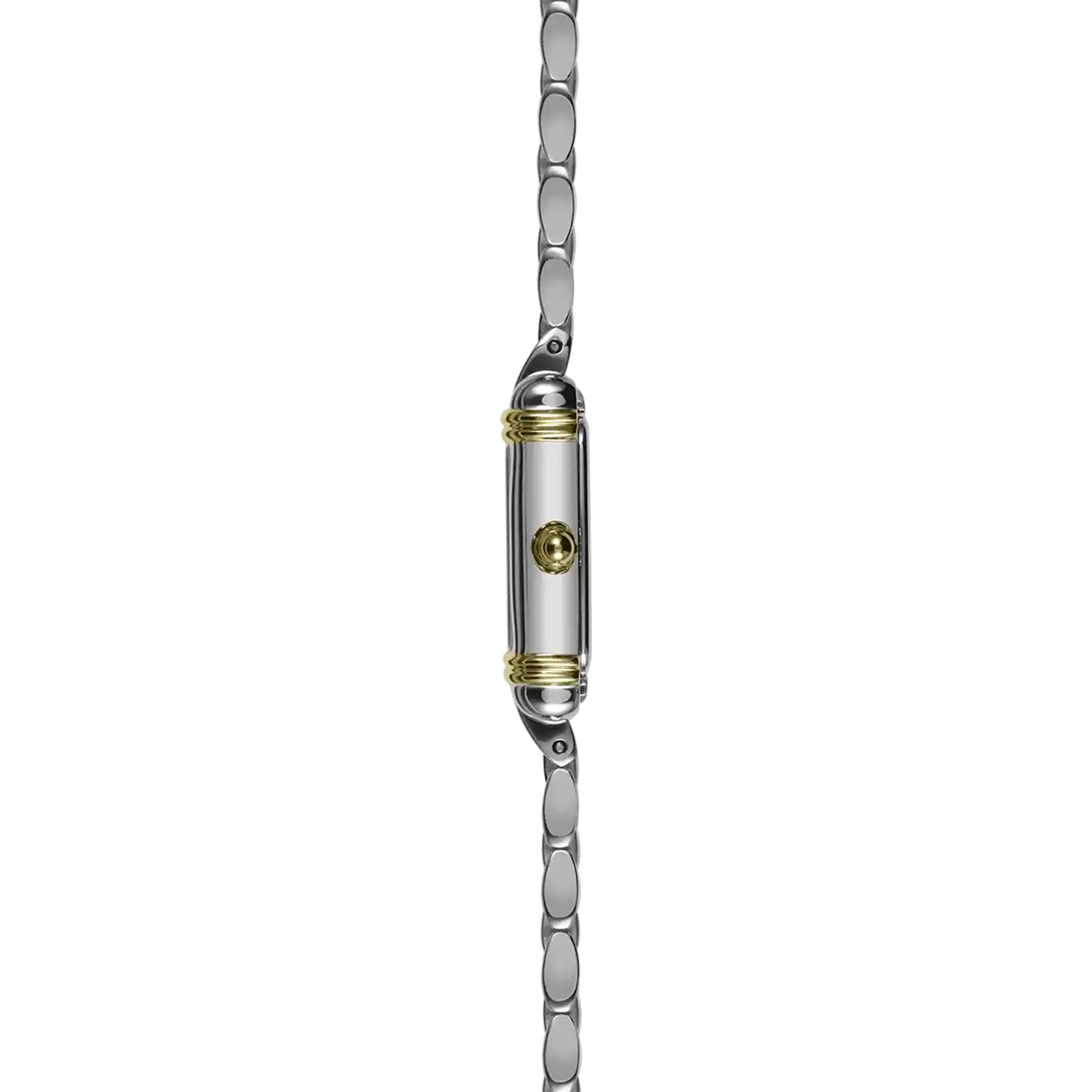 Vue de profil, tranche acier PVD or jaune, couronne et attaches du bracelet acier PVD or rose