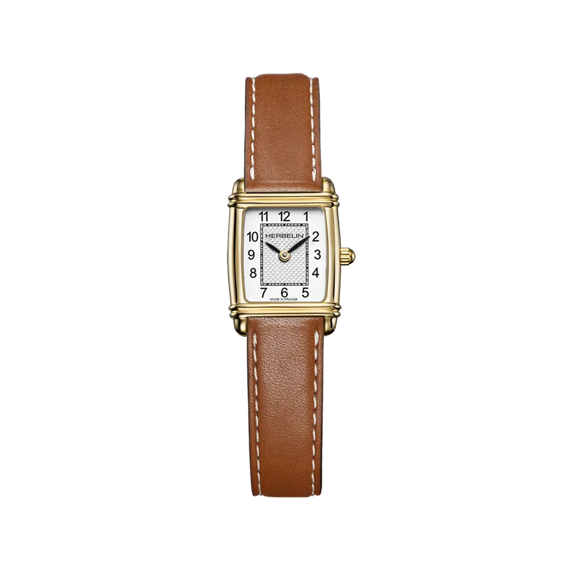 Art Déco, cadran argent guilloché, boîtier rectangle acier PVD or jaune, bracelet cuir