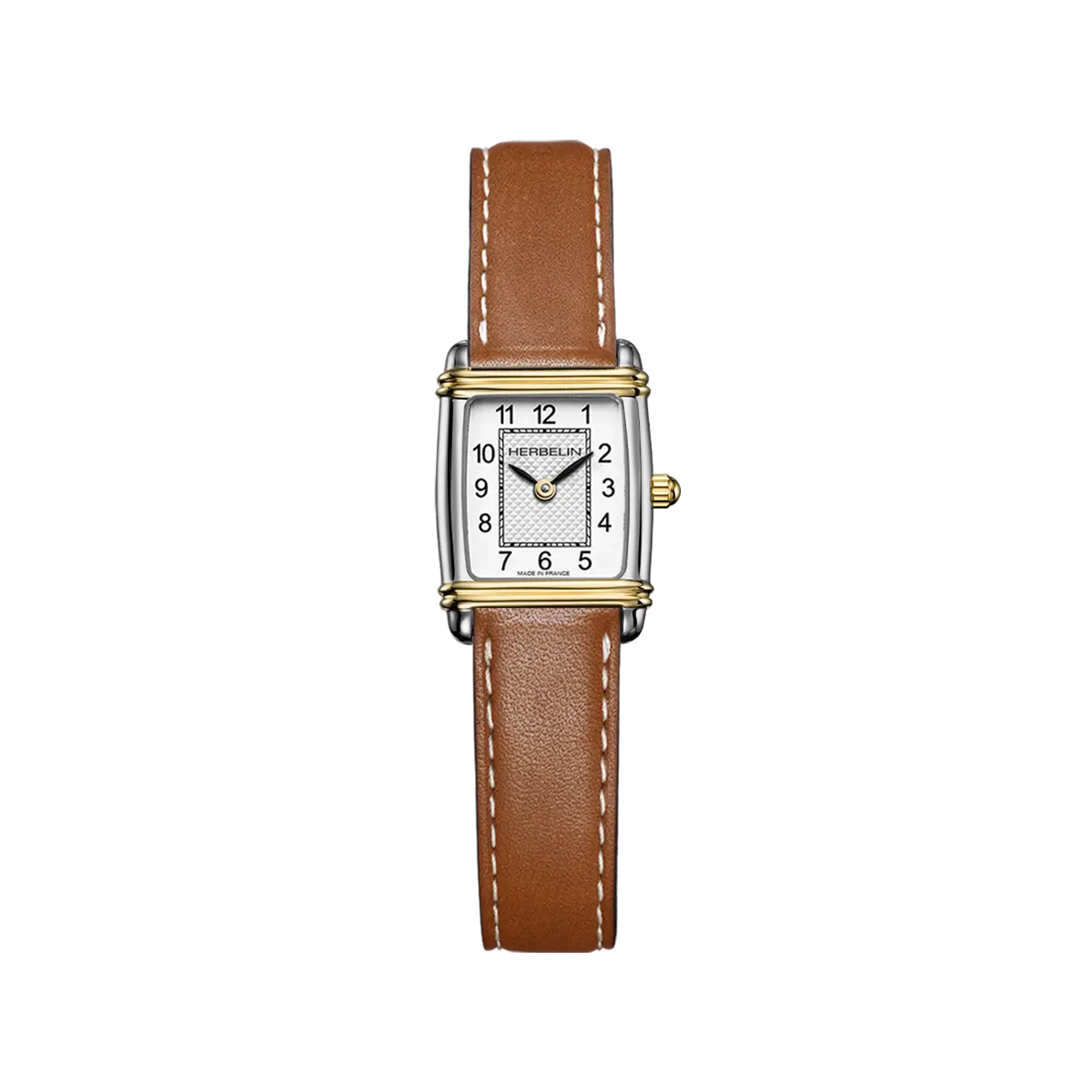 Art Déco, cadran argent guilloché, boîtier rectangle acier PVD or jaune, bracelet cuir