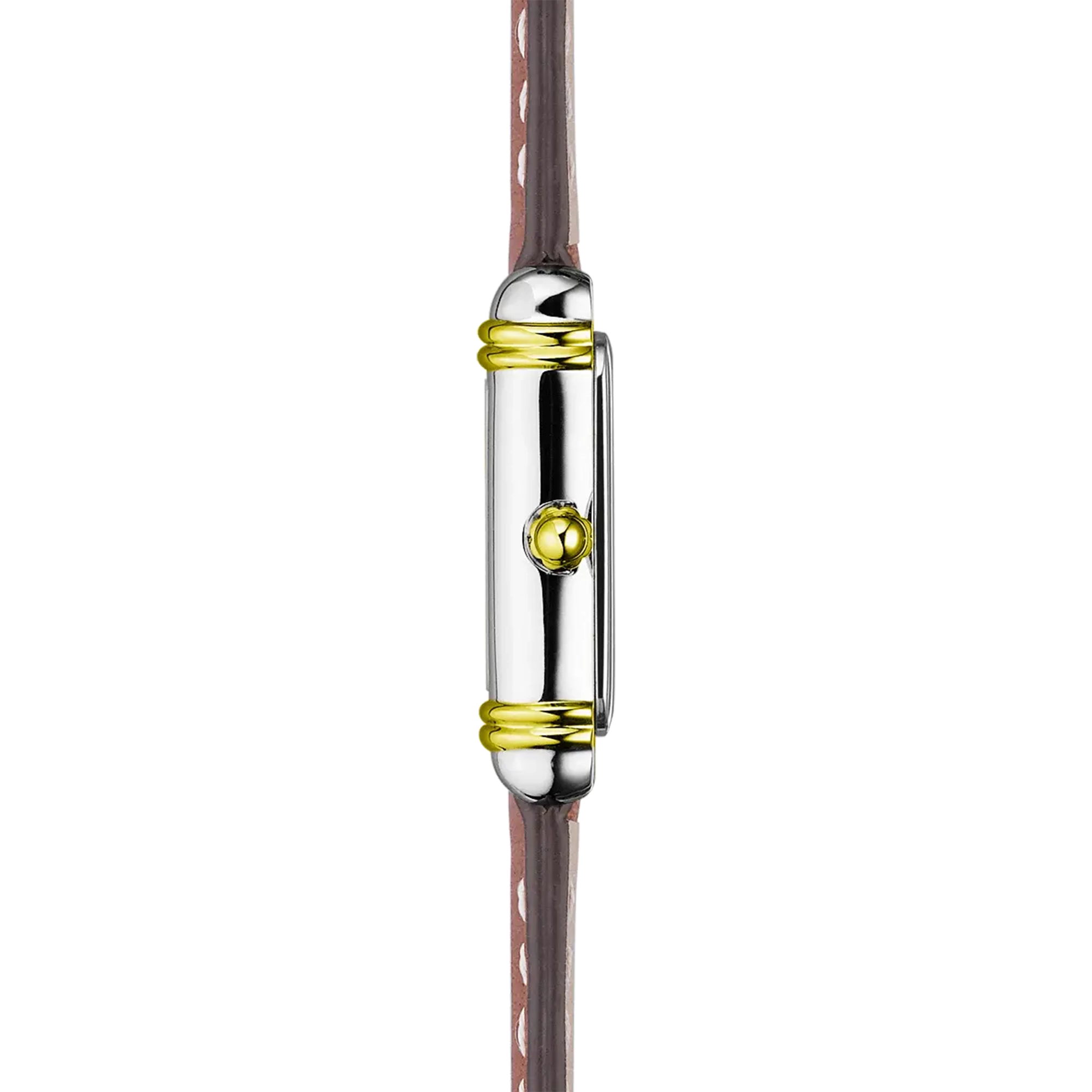 Vue de profil, tranche acier PVD or jaune, couronne et attaches du bracelet cuir