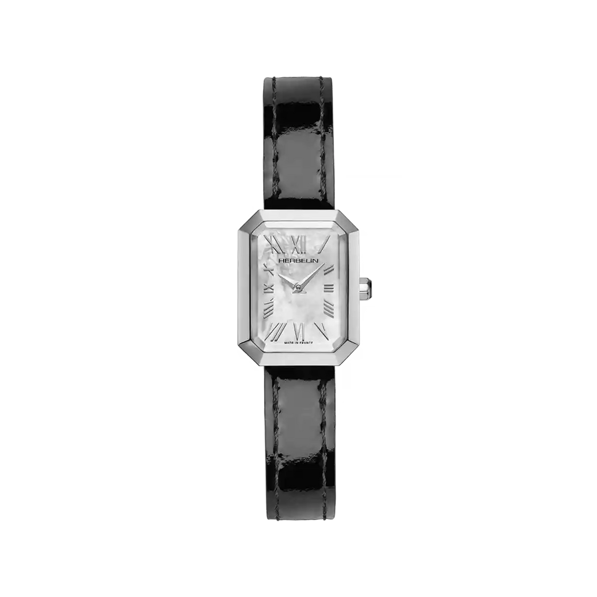 ⁣⁢Octogône, esfera de nácar blanco, caja rectangular de acero, brazalete de piel⁤⁣