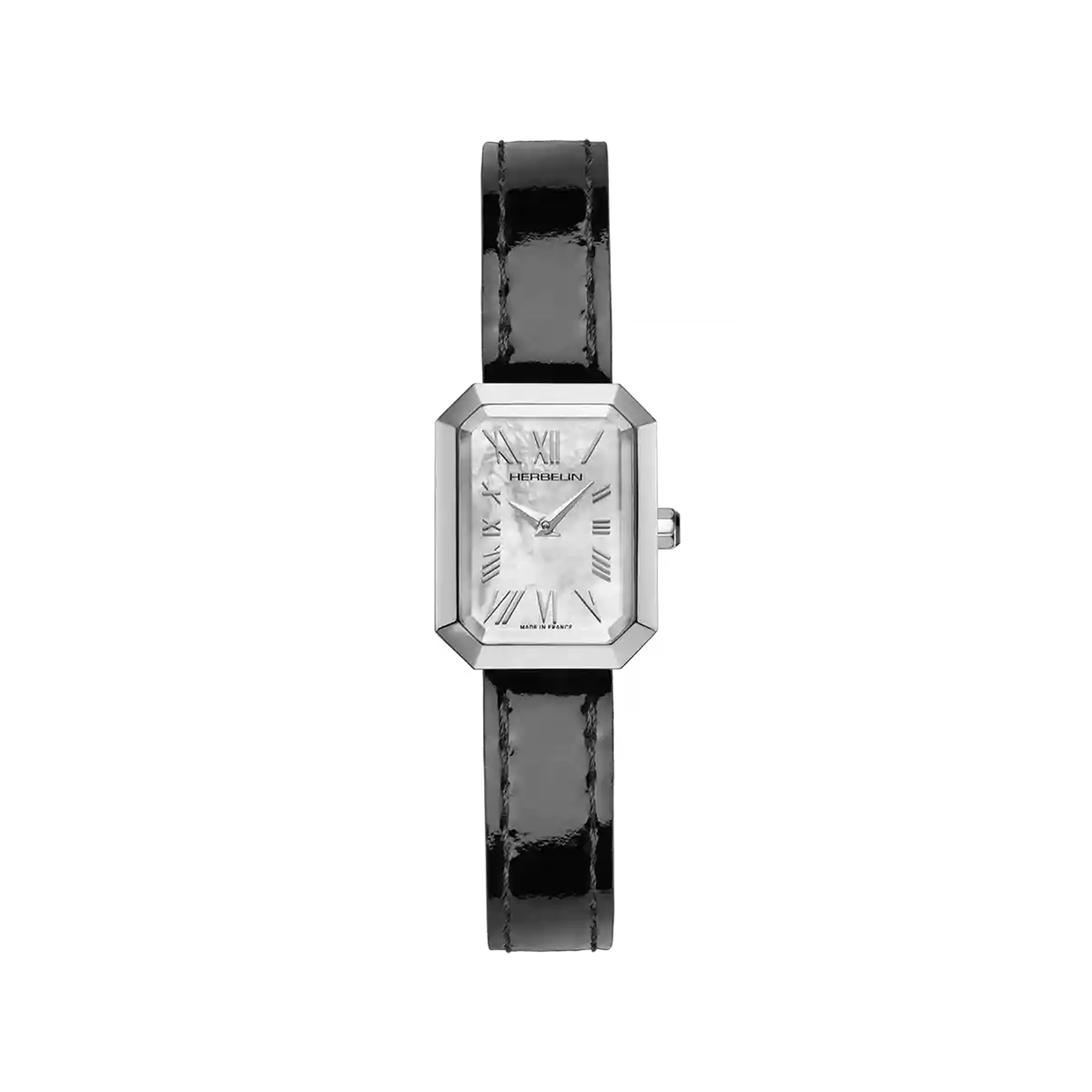 Octogône, cadran nacre blanche, boîtier rectangle acier, bracelet cuir