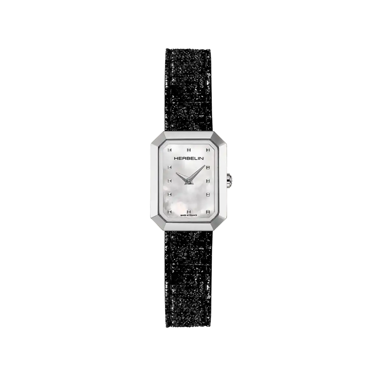 ⁣⁢Octogône, esfera de nácar blanco, caja rectangular de acero, brazalete de piel⁤⁣