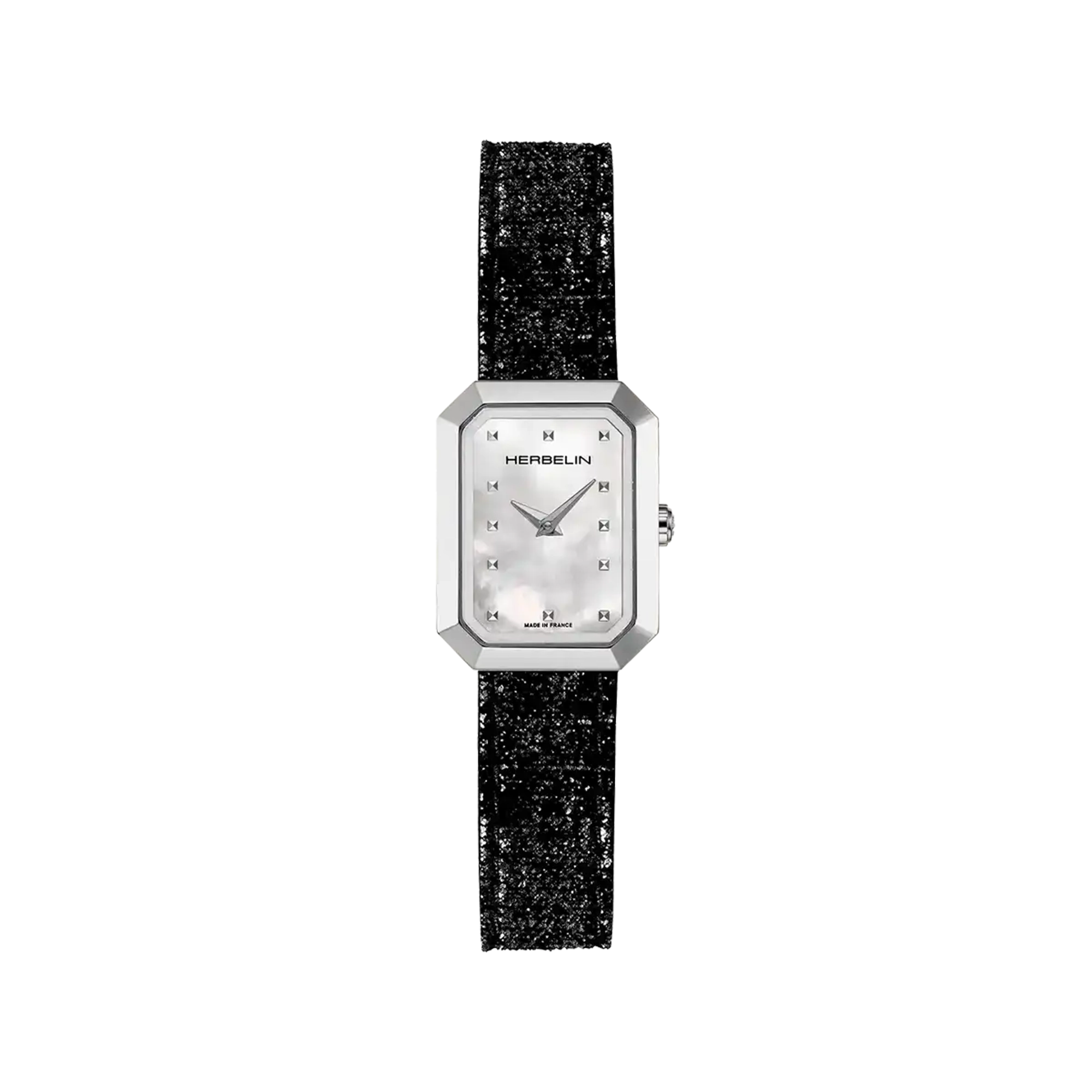 Octogône, cadran nacre blanche, boîtier rectangle acier, bracelet cuir