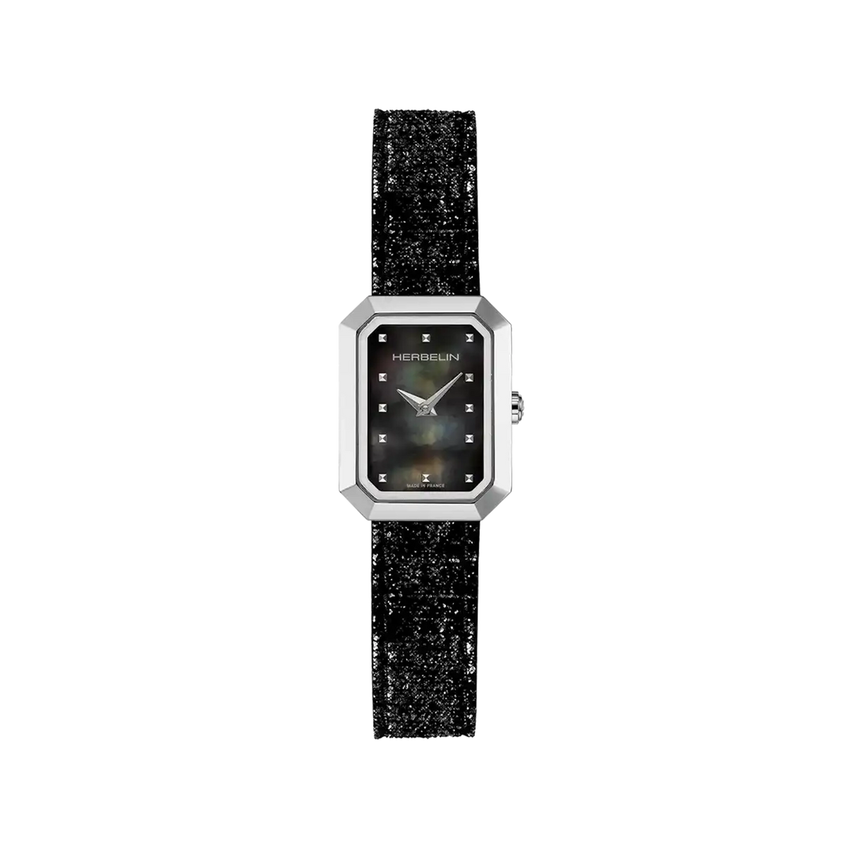 ⁣⁢Octogône, esfera de nácar negro, caja rectangular de acero, brazalete de piel⁤⁣