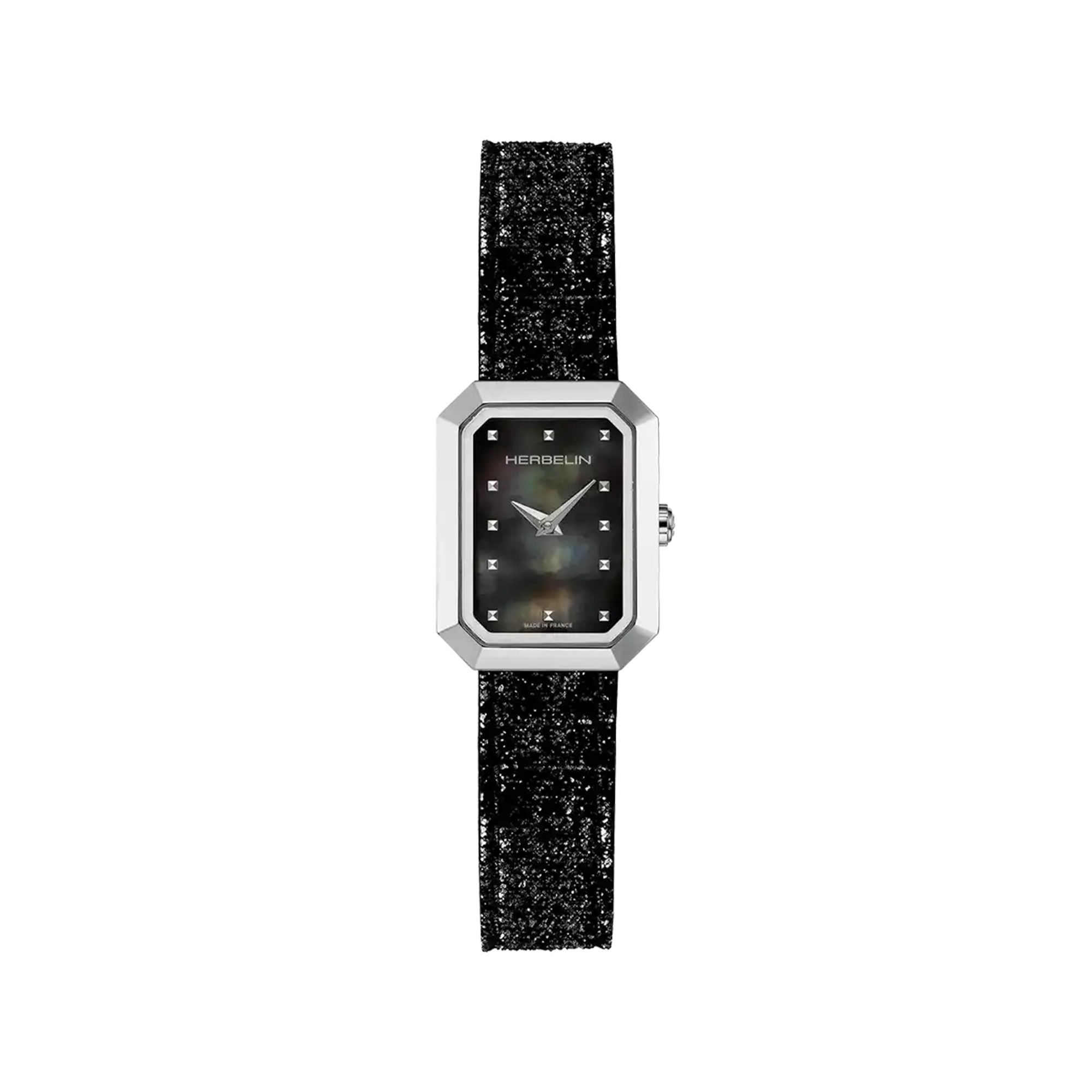 Octogône, cadran nacre noire, boîtier rectangle acier, bracelet cuir
