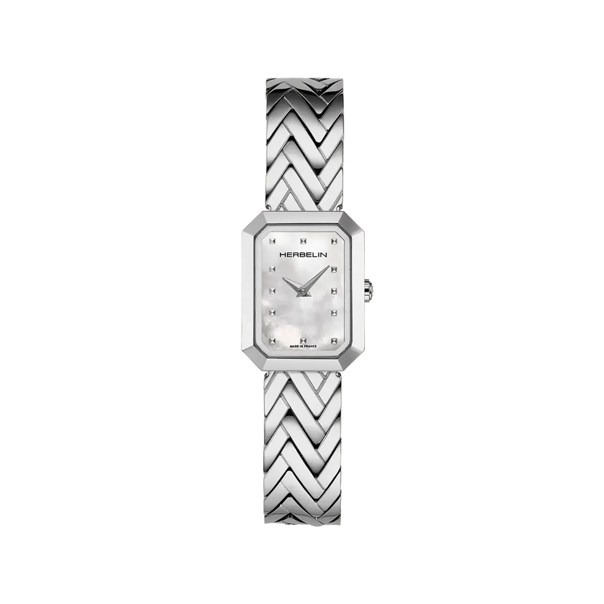 ⁣⁢Octogône, esfera de nácar blanco, caja rectangular de acero, brazalete de acero⁤⁣