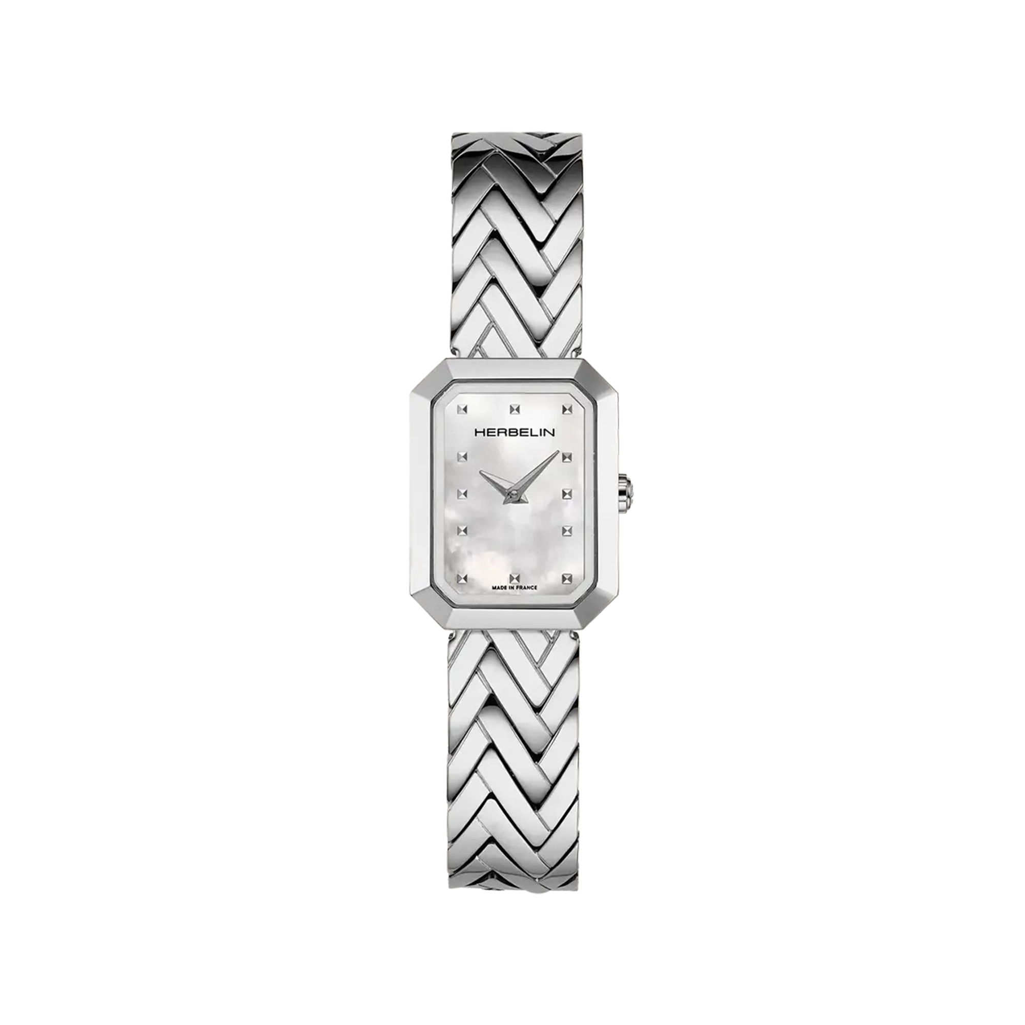 Octogône, cadran nacre blanche, boîtier rectangle acier, bracelet acier
