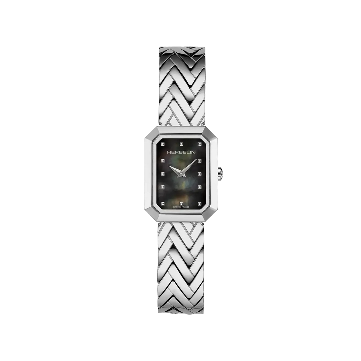 ⁣⁢Octogône, esfera de nácar negro, caja rectangular de acero, brazalete de acero⁤⁣