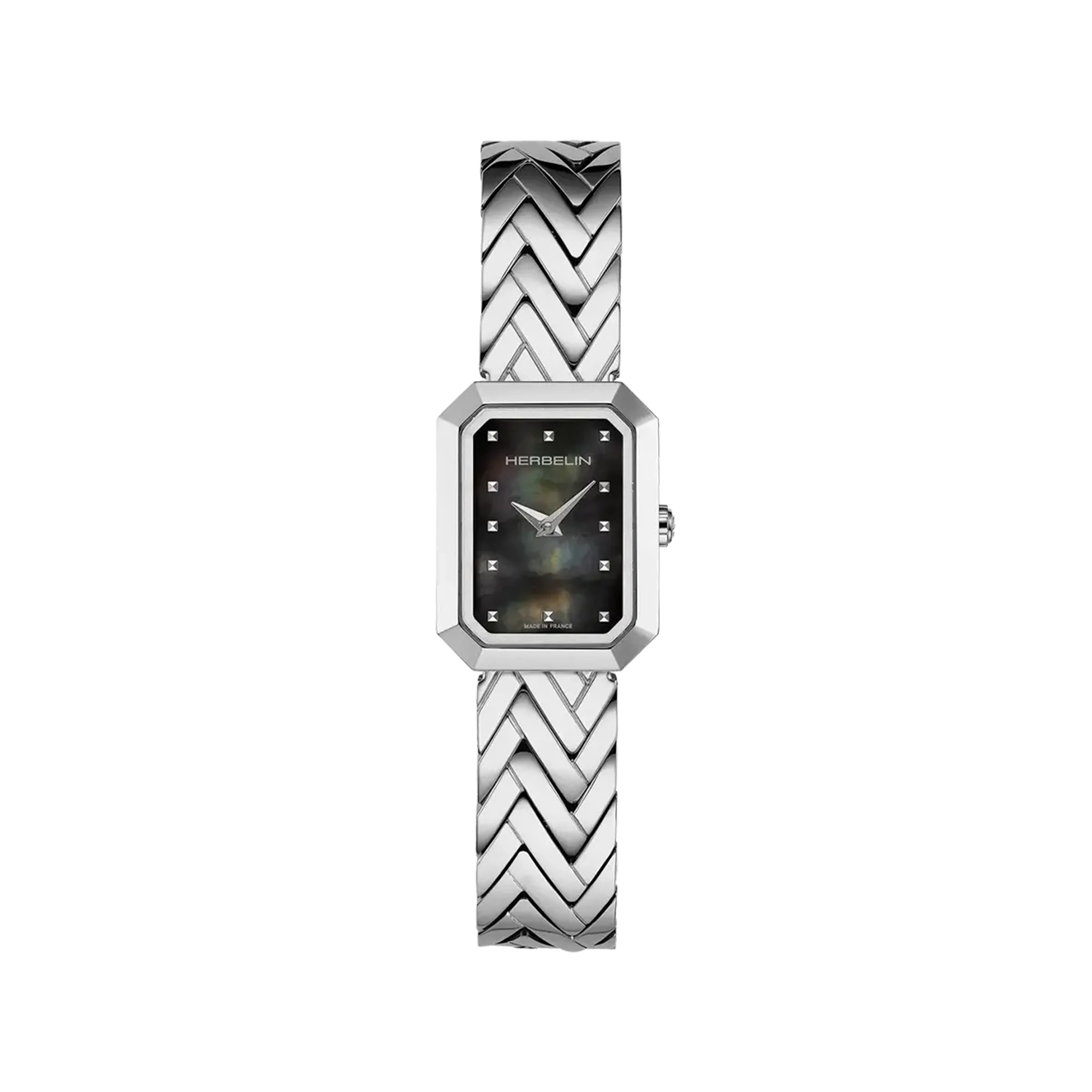 Octogône, cadran nacre noire, boîtier rectangle acier, bracelet acier