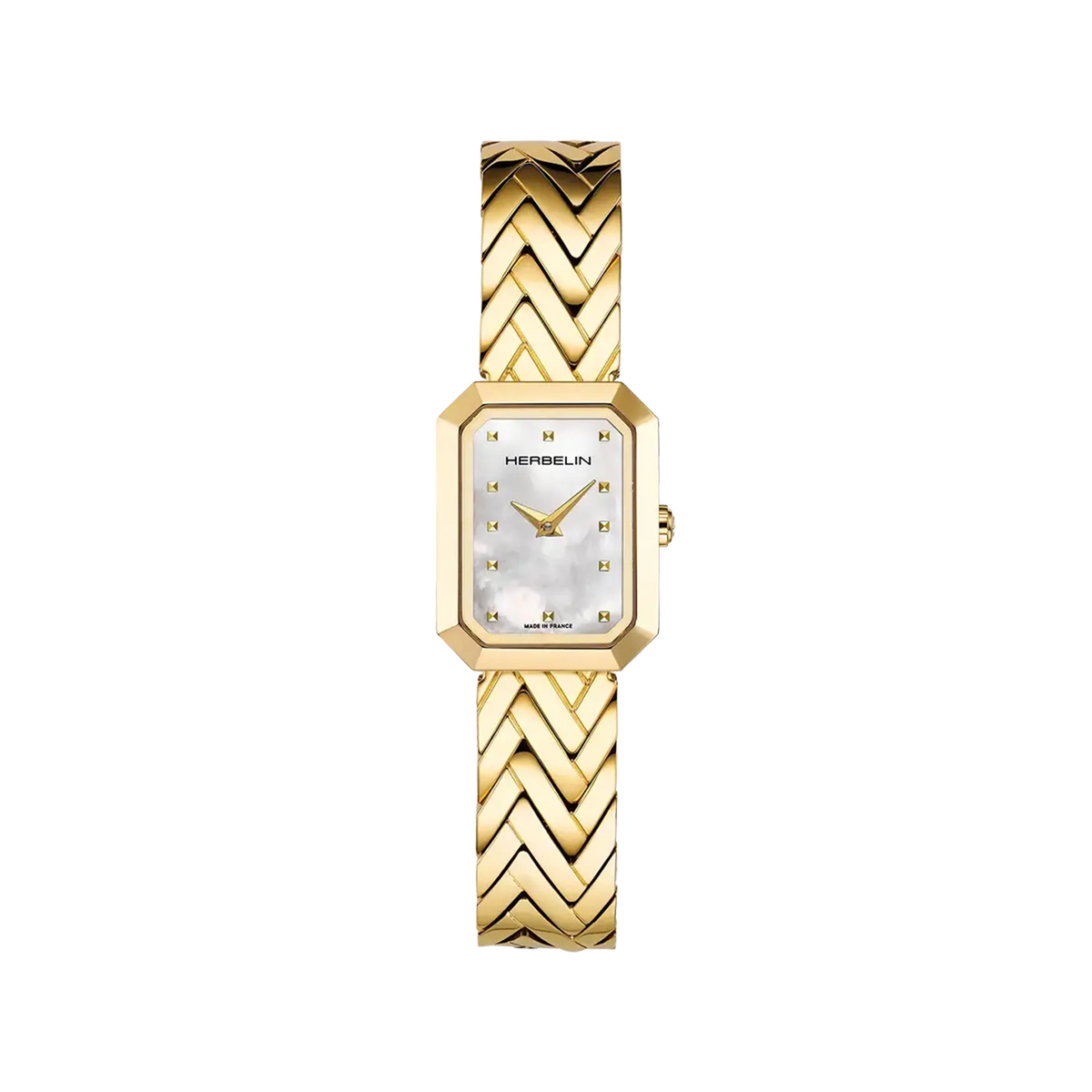 ⁣⁢Octogône, white mother-of-pearl dial, yellow gold PVD steel rectangle case, two-tone steel bracelet⁤⁣