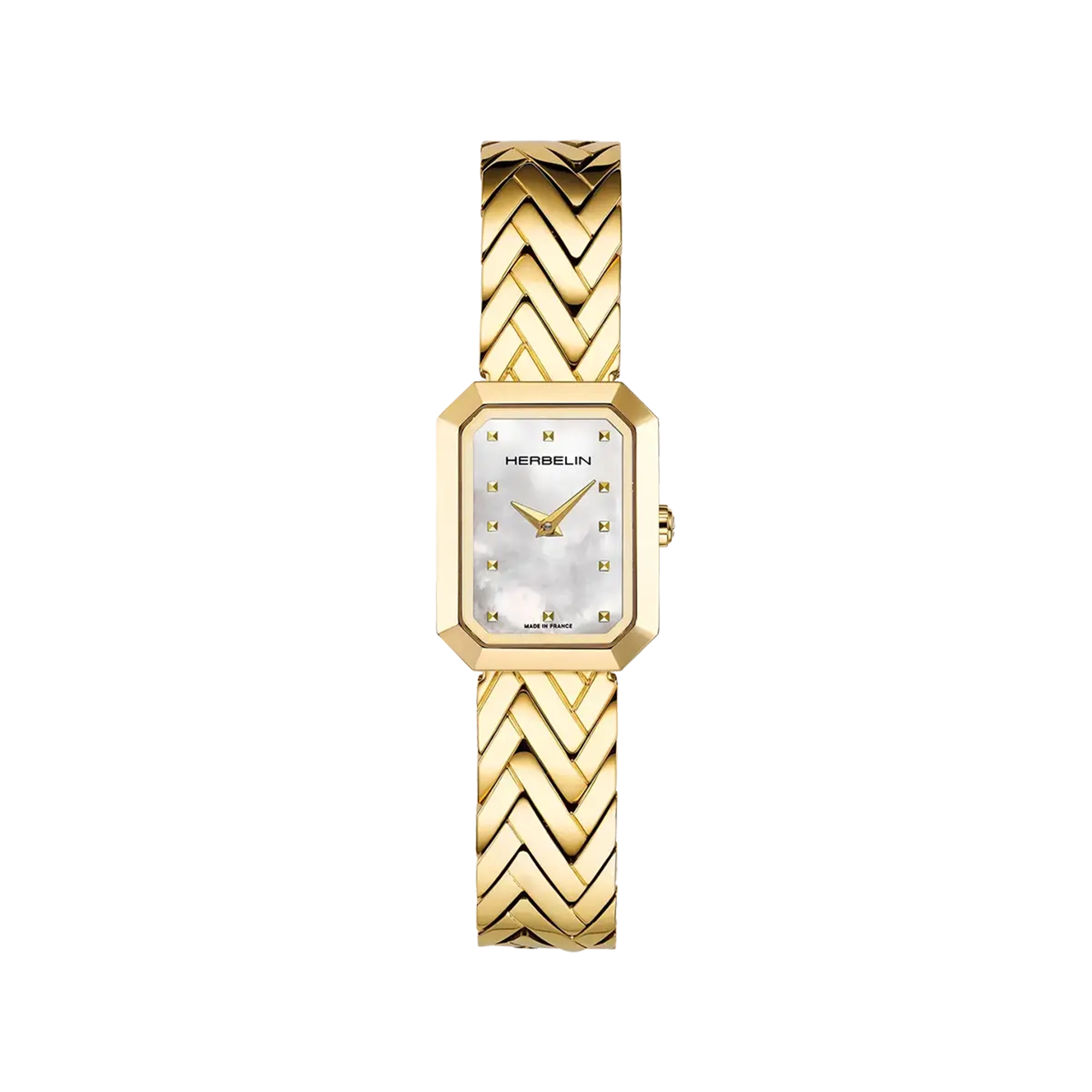 Octogône, cadran nacre blanche, boîtier rectangle acier PVD or jaune, bracelet acier bicolore