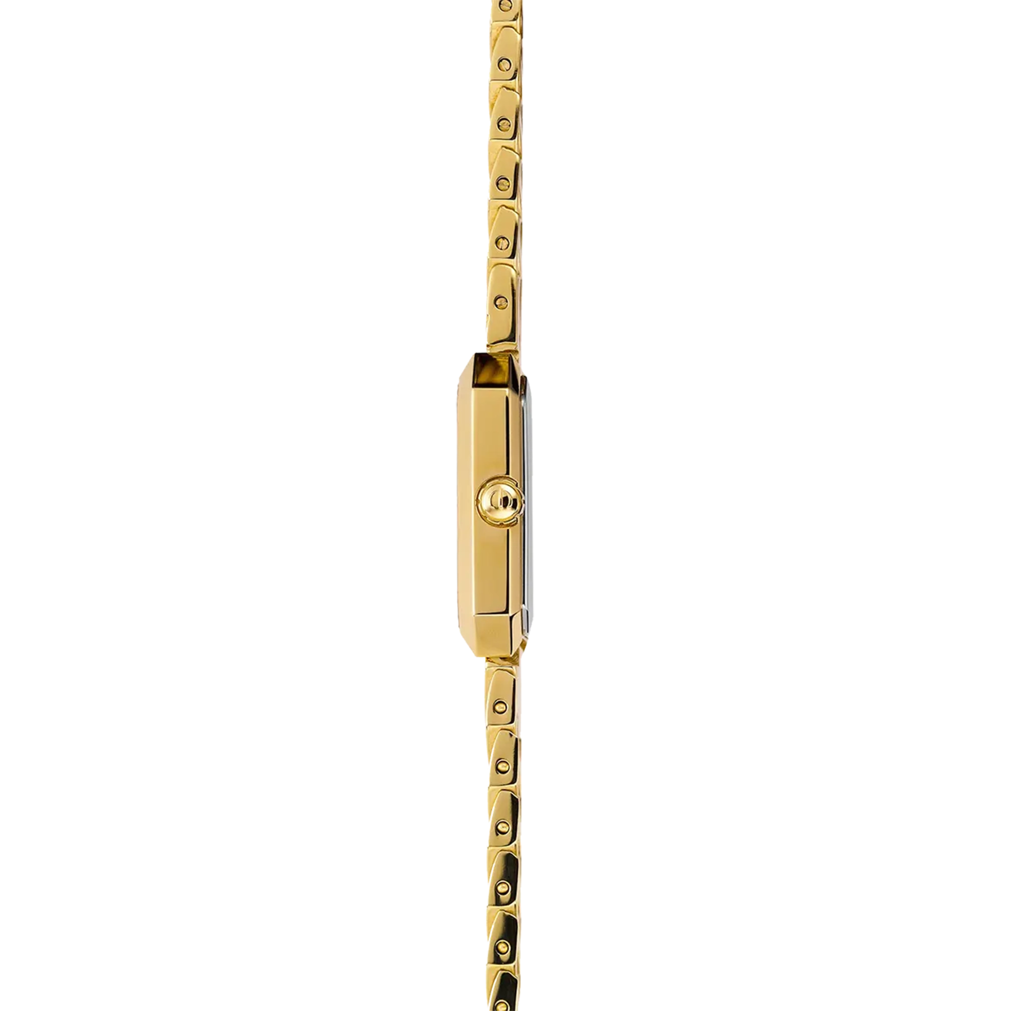 Vue de profil, tranche acier PVD or jaune, couronne et attaches du bracelet acier bicolore