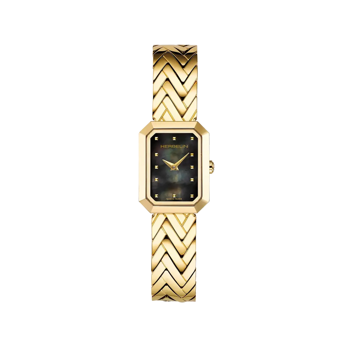 ⁣⁢Octogône, esfera de nácar negro, caja rectangular de acero PVD oro amarillo, brazalete de acero bicolor⁤⁣