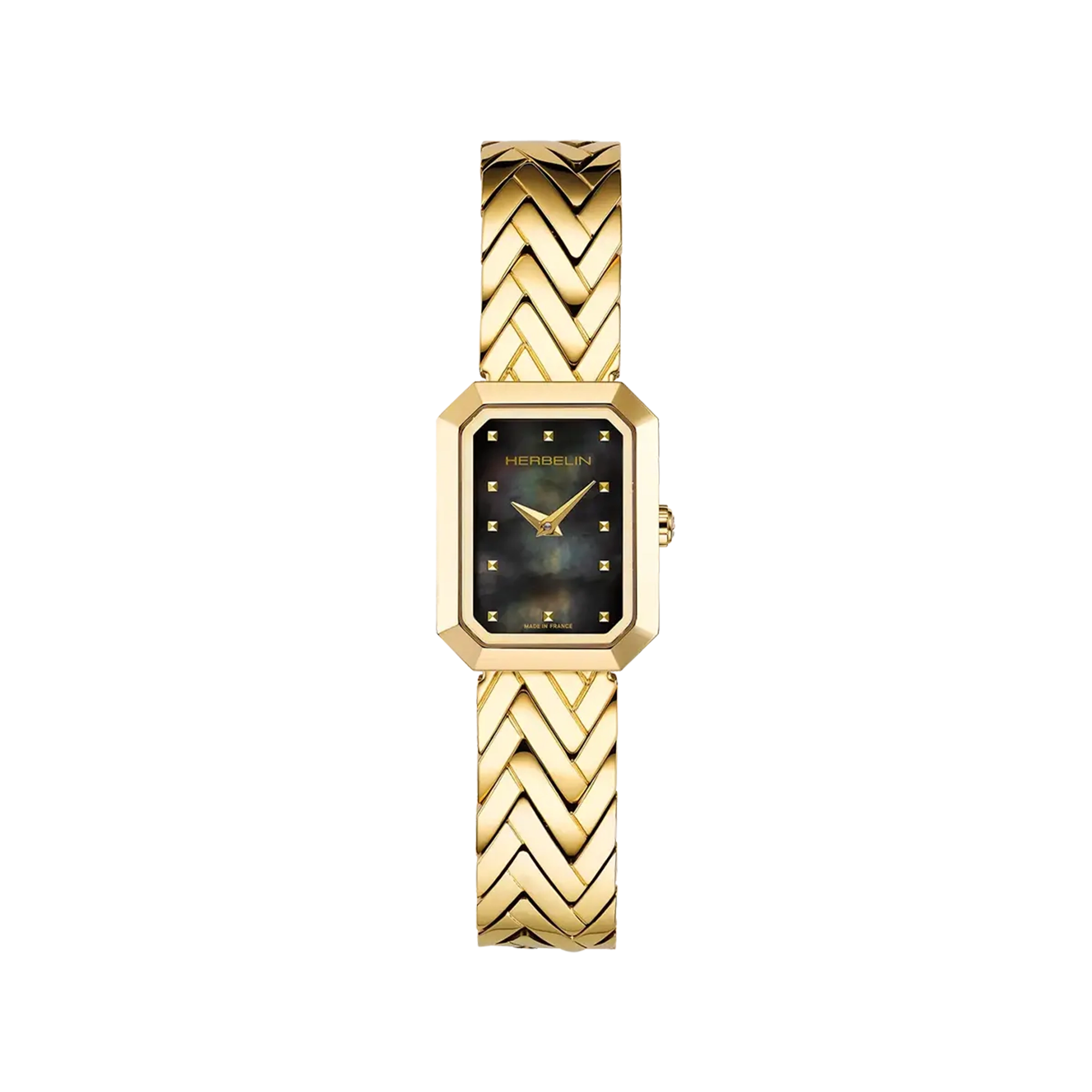 Octogône, cadran nacre noire, boîtier rectangle acier PVD or jaune, bracelet acier bicolore