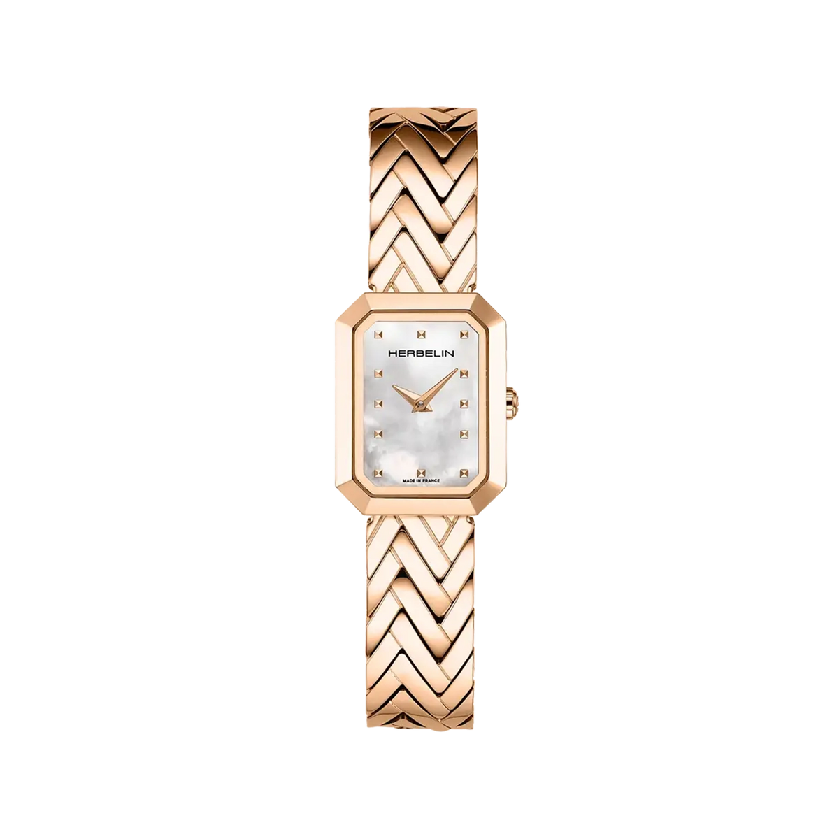 ⁣⁢Octogône, esfera nácar blanco, caja rectangular de acero PVD oro rosa, brazalete acero PVD oro rosa⁤⁣