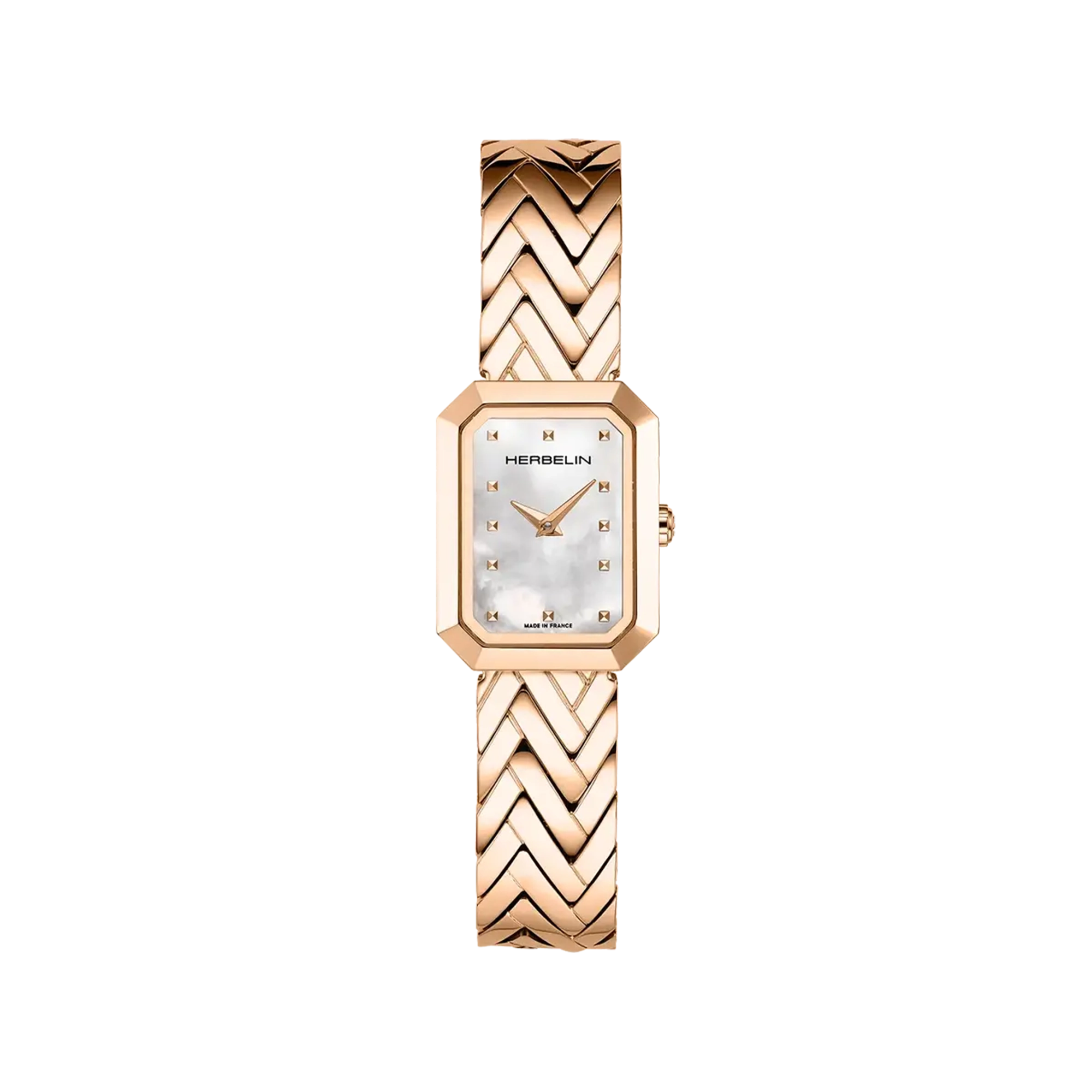 Octogône, cadran nacre blanche, boîtier rectangle acier PVD or rose, bracelet acier PVD or rose