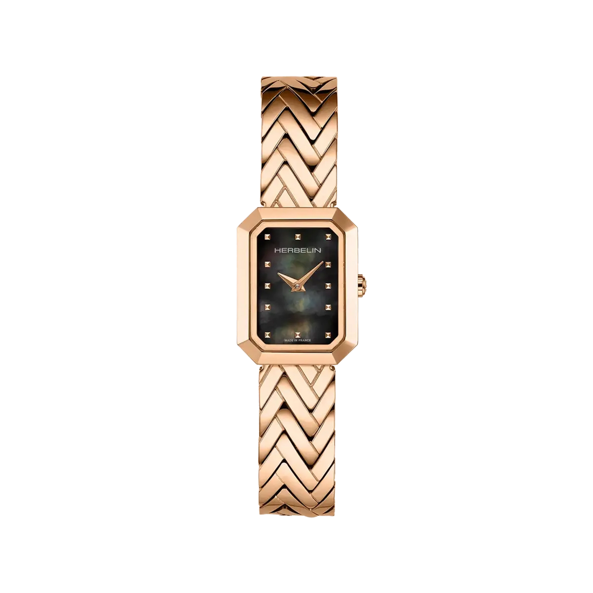 ⁣⁢Octogône, esfera nácar negro, caja rectangular de acero PVD oro rosa, brazalete acero PVD oro rosa⁤⁣