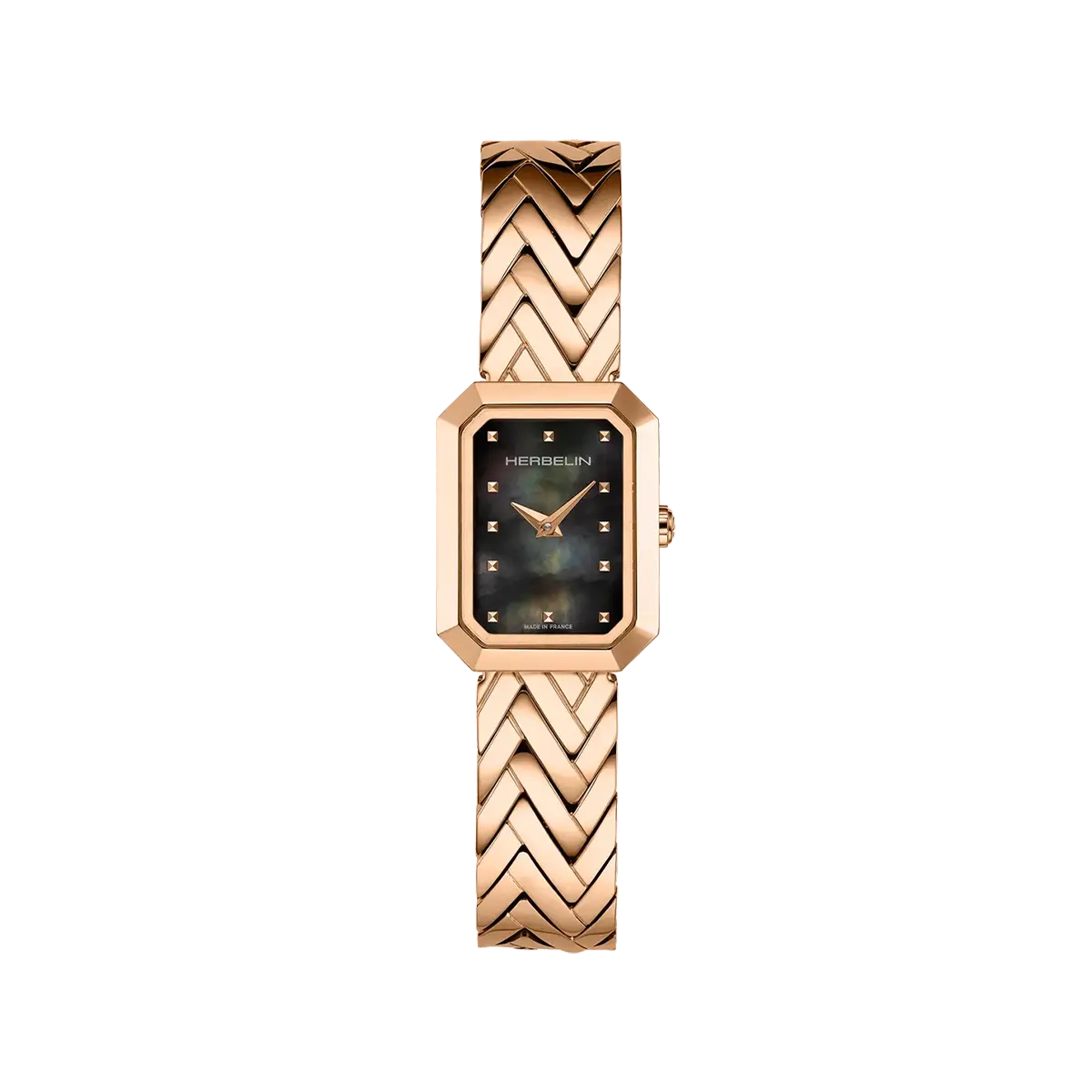 Octogône, cadran nacre noire, boîtier rectangle acier PVD or rose, bracelet acier PVD or rose