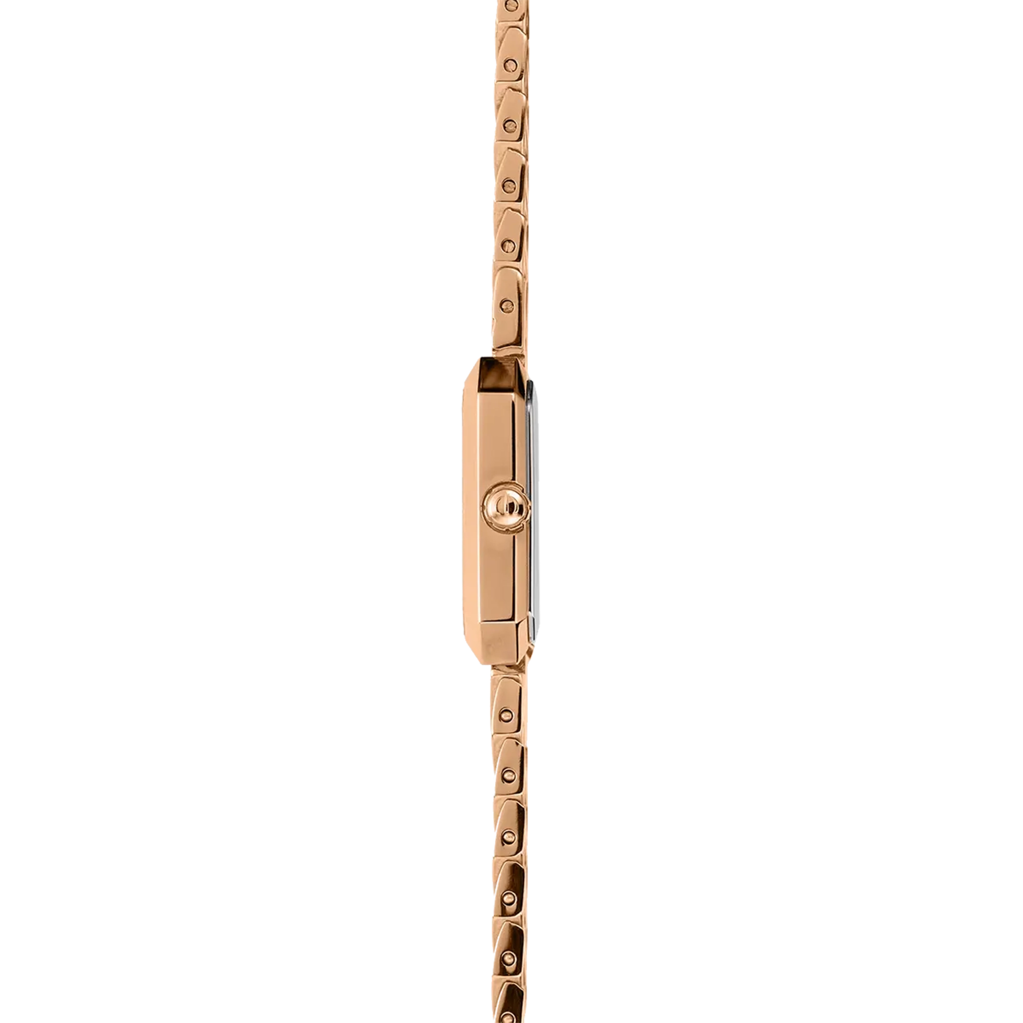 Vue de profil, tranche acier PVD or rose, couronne et attaches du bracelet acier PVD or rose