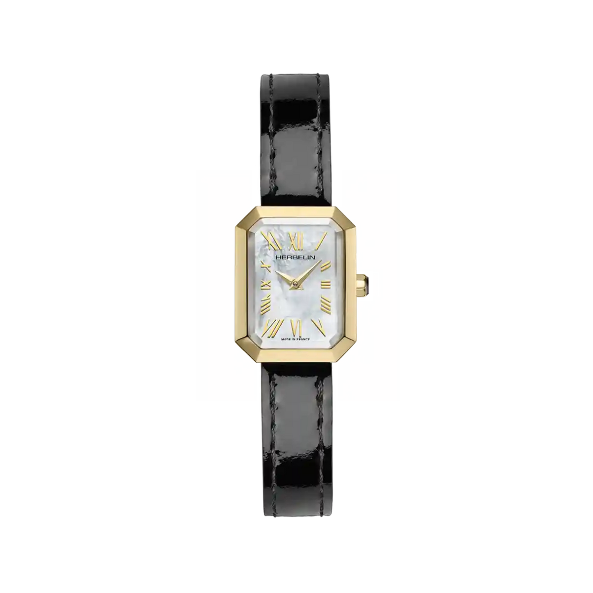 ⁣⁢Octogône, esfera de nácar blanco, caja rectangular de acero PVD oro amarillo, brazalete de piel⁤⁣