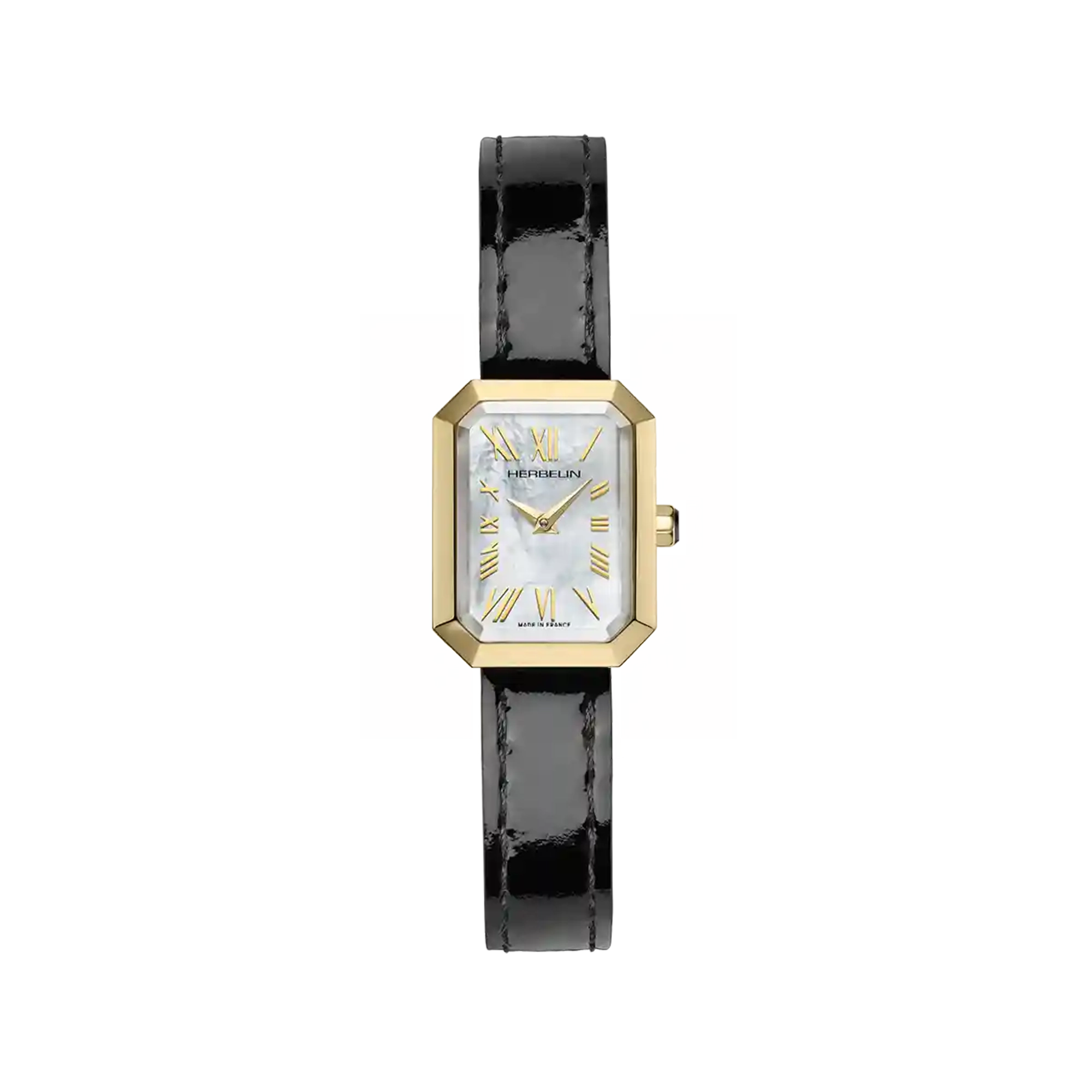 Octogône, cadran nacre blanche, boîtier rectangle acier PVD or jaune, bracelet cuir