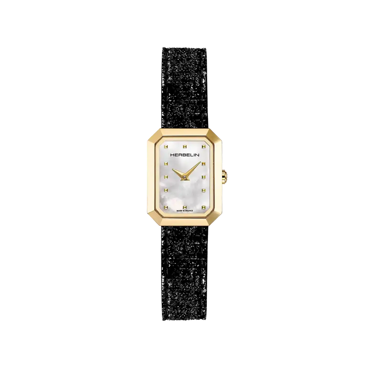 ⁣⁢Octogône, esfera de nácar blanco, caja rectangular de acero PVD oro amarillo, brazalete de piel⁤⁣