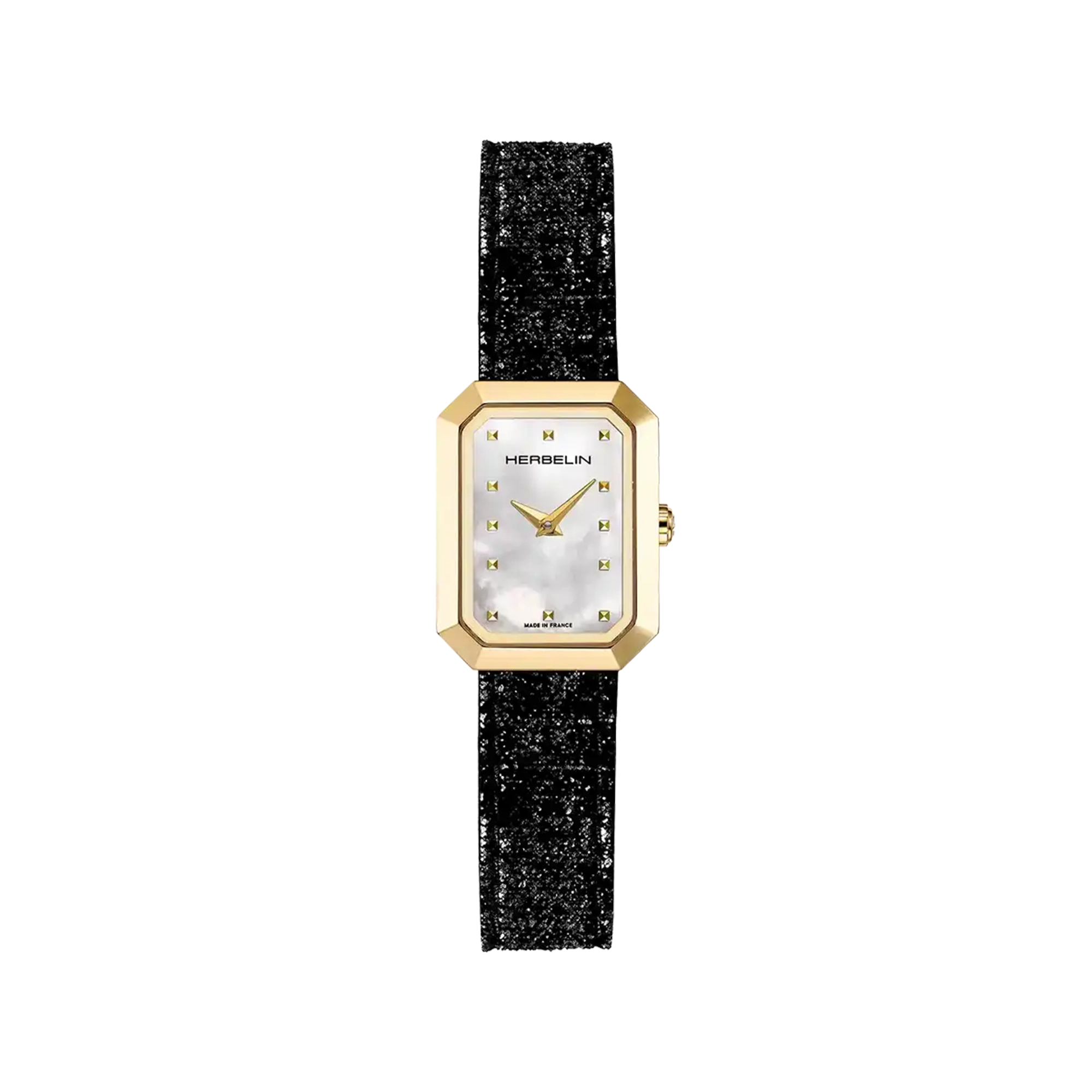 Octogône, cadran nacre blanche, boîtier rectangle acier PVD or jaune, bracelet cuir