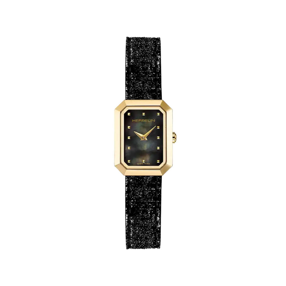 ⁣⁢Octogône, esfera nácar negro, caja rectangular acero PVD oro amarillo, brazalete piel⁤⁣