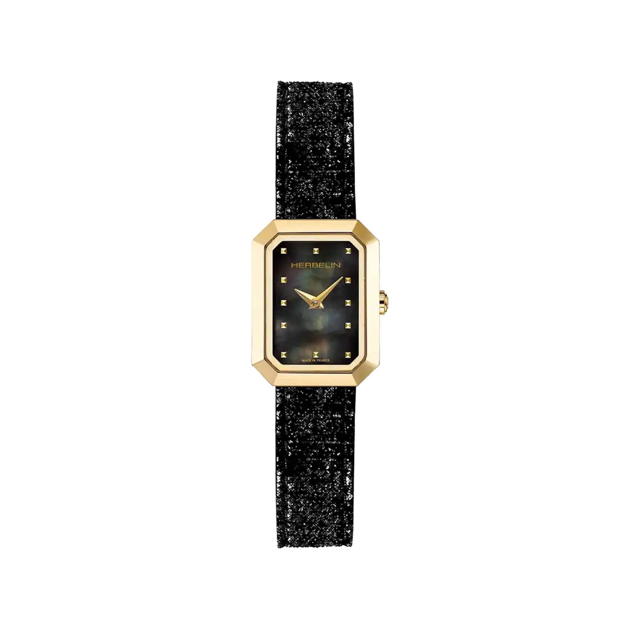 Octogône, cadran nacre noire, boîtier rectangle acier PVD or jaune, bracelet cuir