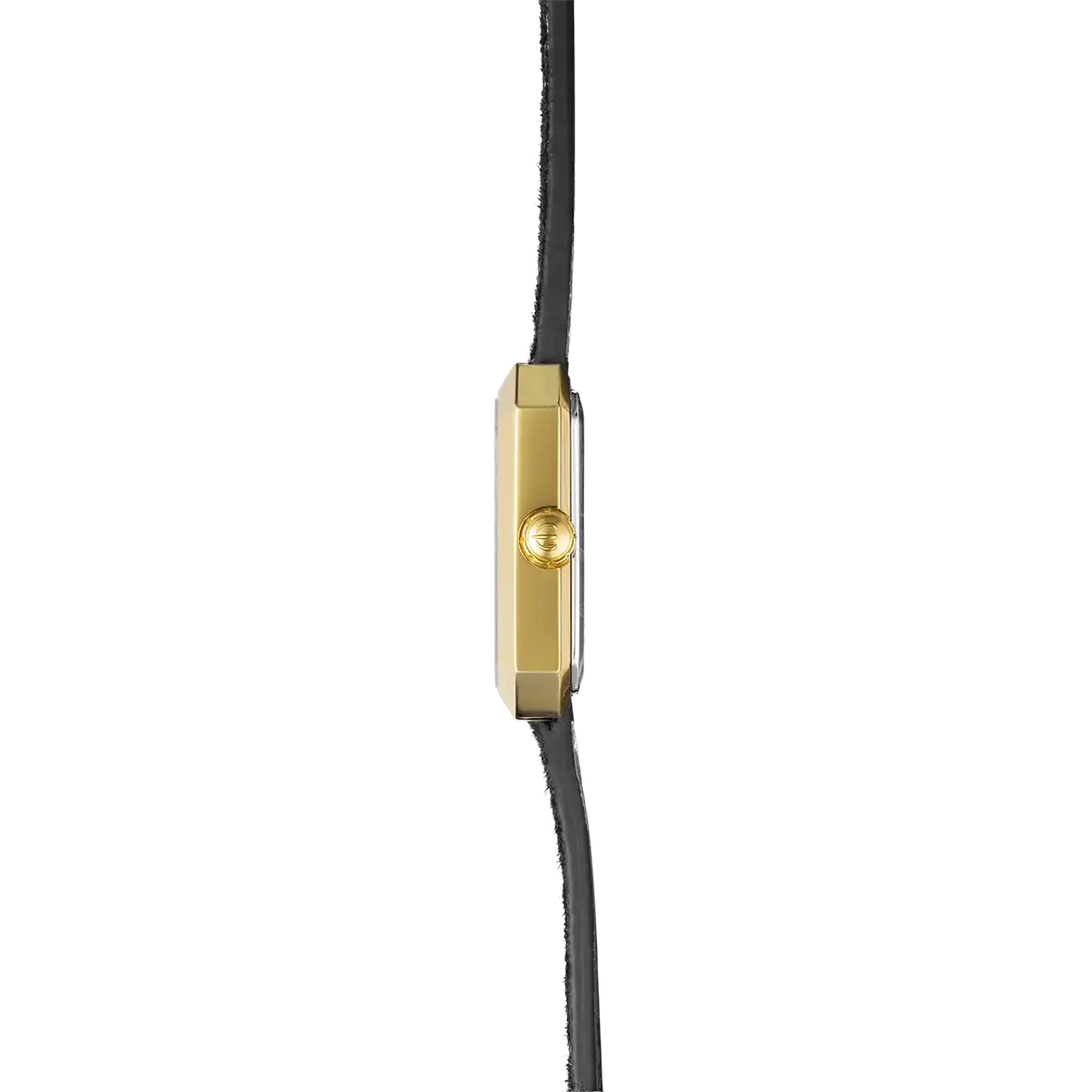 Vue de profil, tranche acier PVD or jaune, couronne et attaches du bracelet cuir