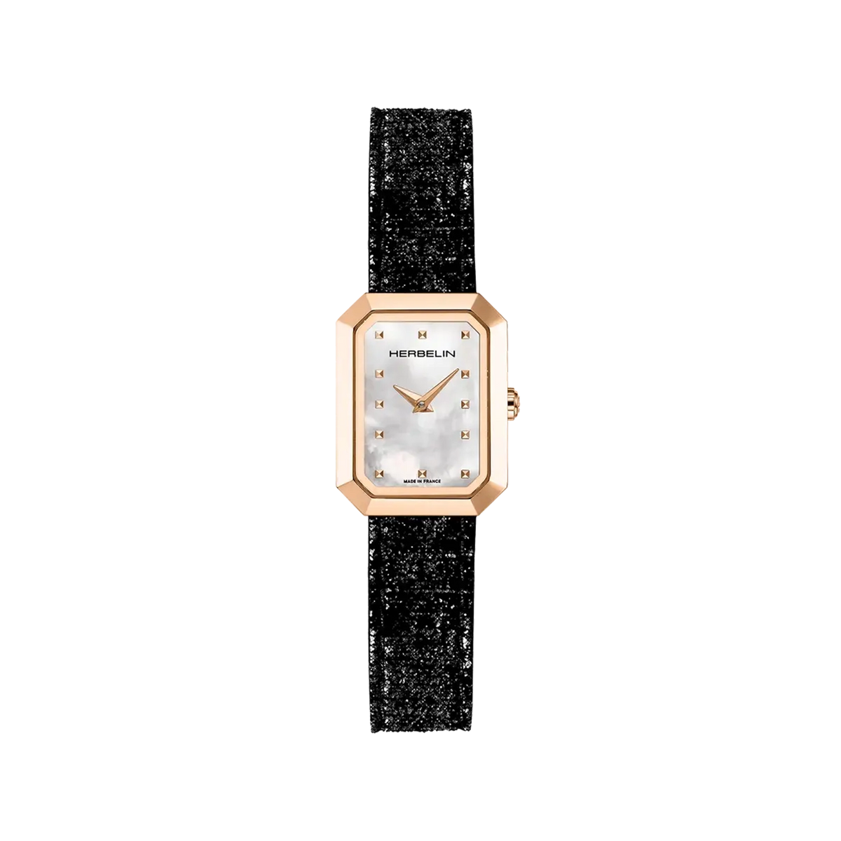 Octogône, cadran nacre blanche, boîtier rectangle acier PVD or rose, bracelet cuir