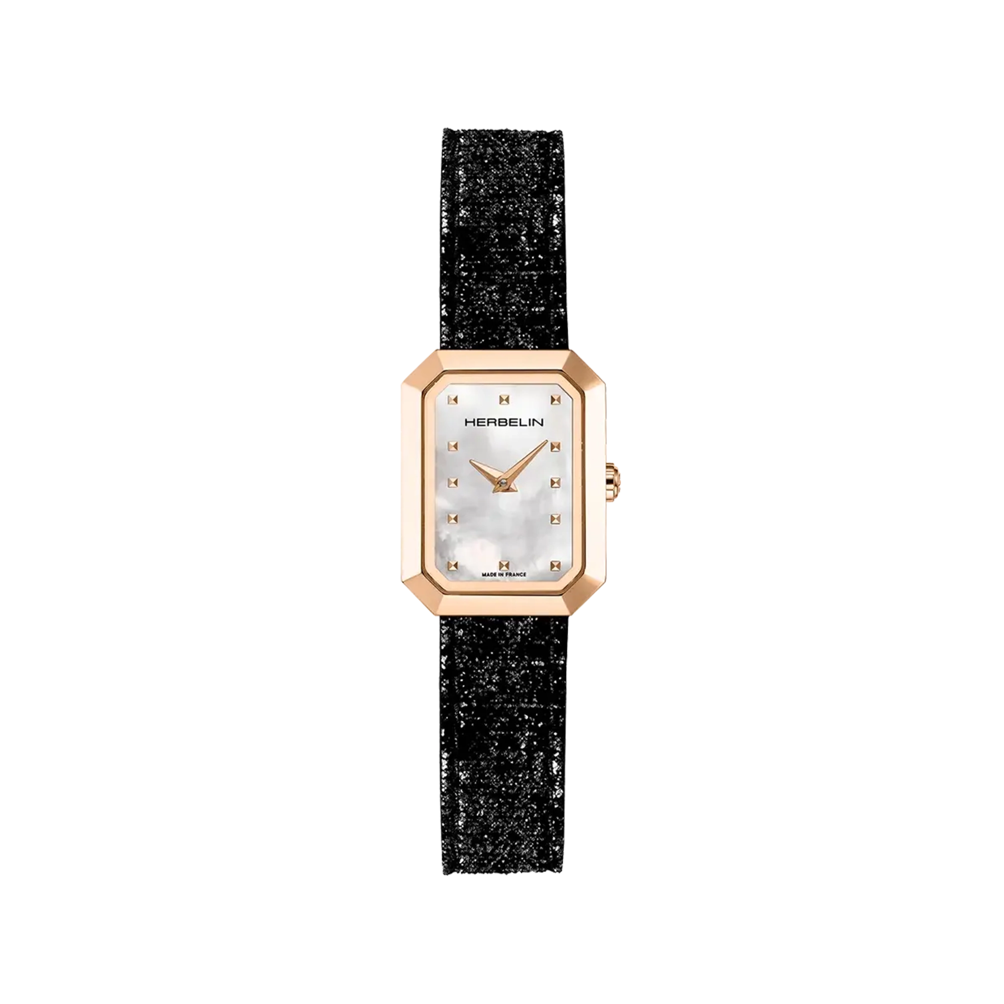 Octogône, cadran nacre blanche, boîtier rectangle acier PVD or rose, bracelet cuir