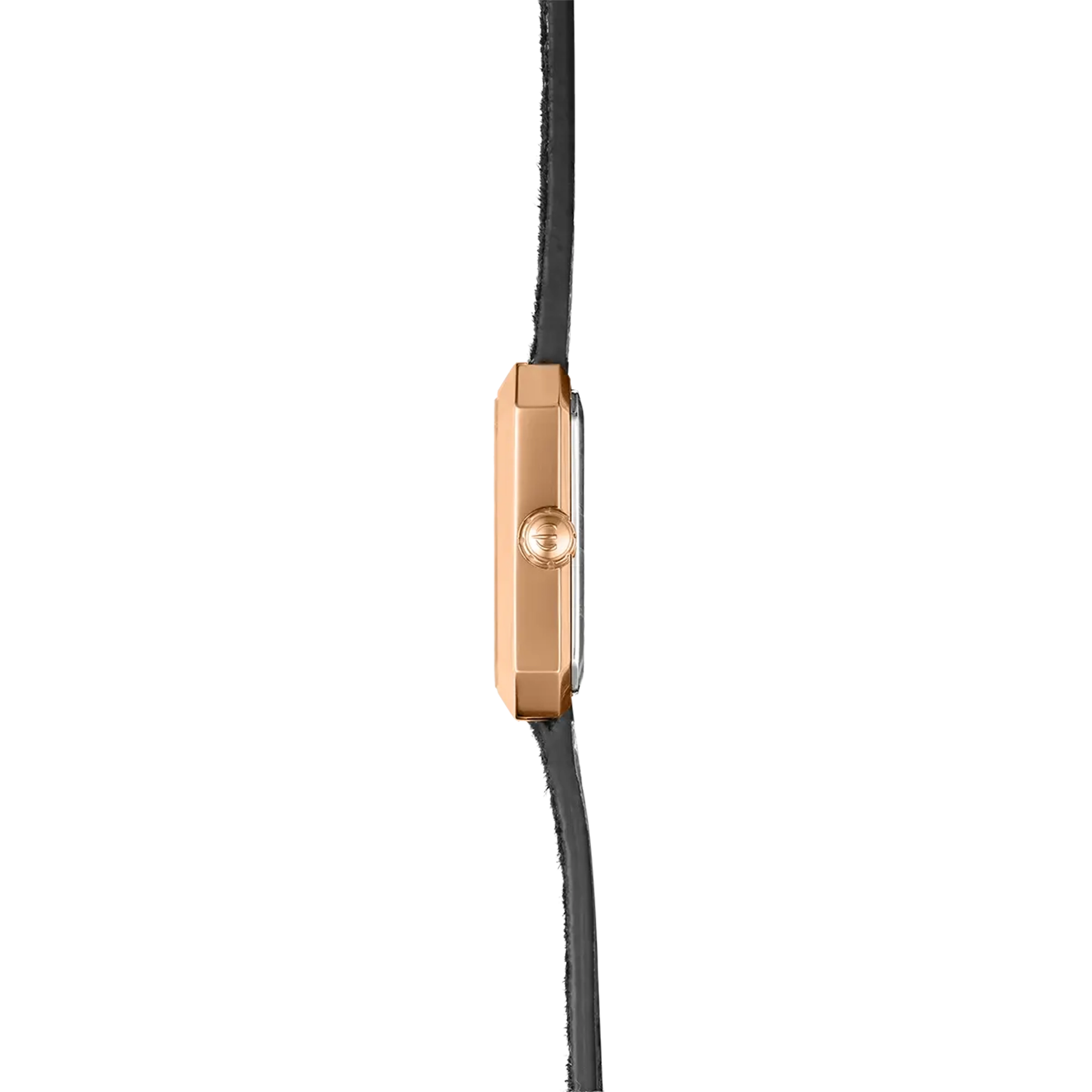 Vue de profil, tranche acier PVD or rose, couronne et attaches du bracelet cuir
