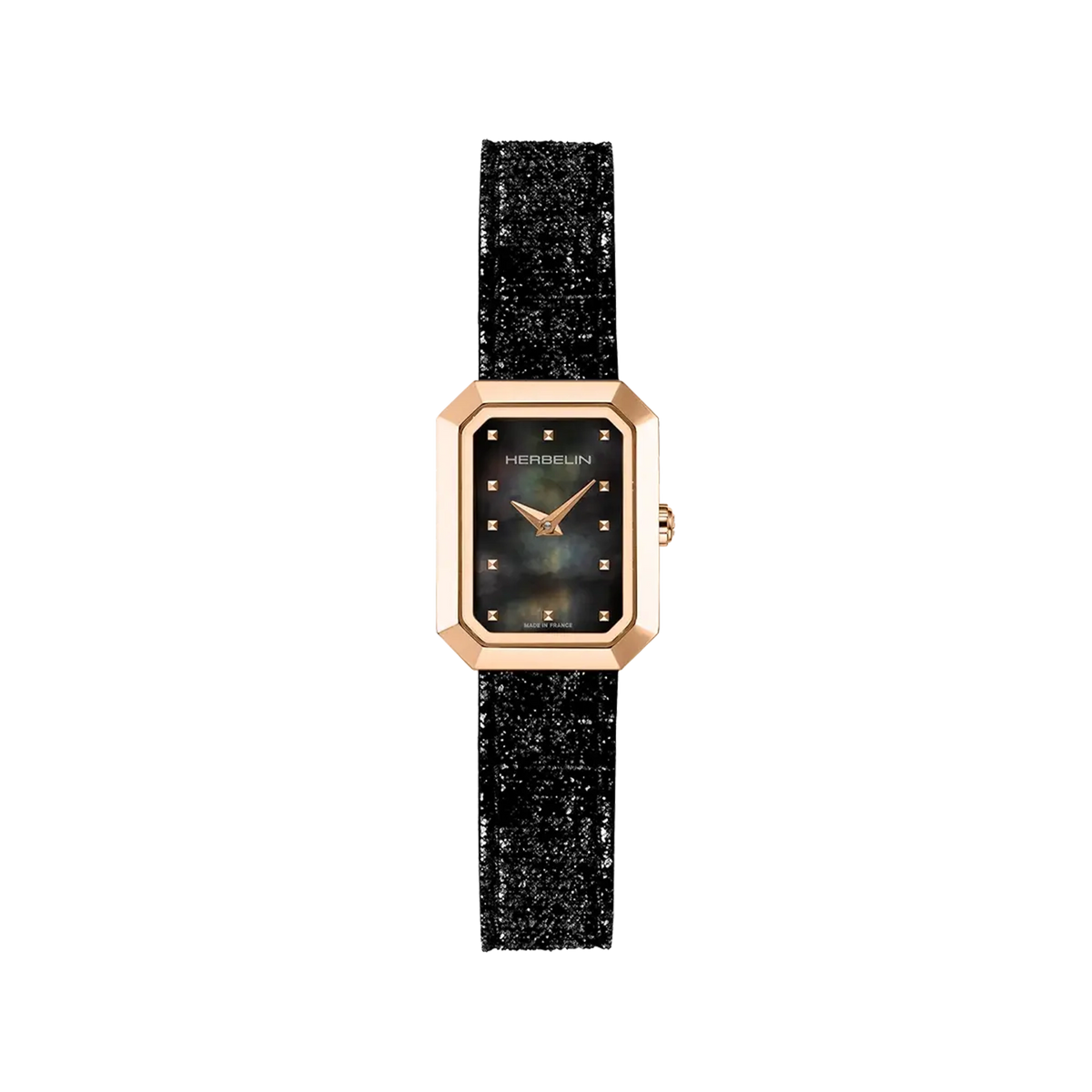 ⁣⁢Octogône, quadrante in madreperla nera, cassa rettangolare in acciaio PVD oro rosa, cinturino in pelle⁤⁣