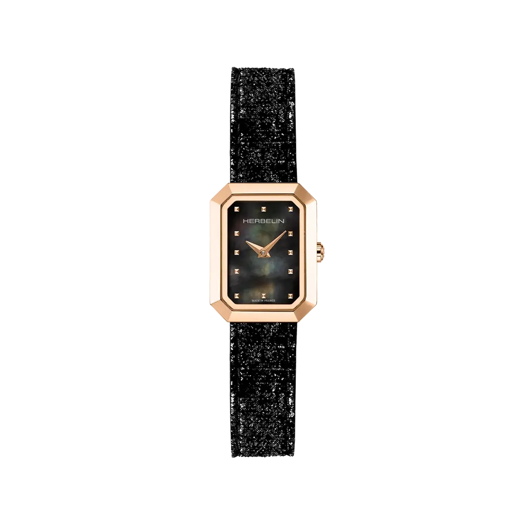 Octogône, cadran nacre noire, boîtier rectangle acier PVD or rose, bracelet cuir