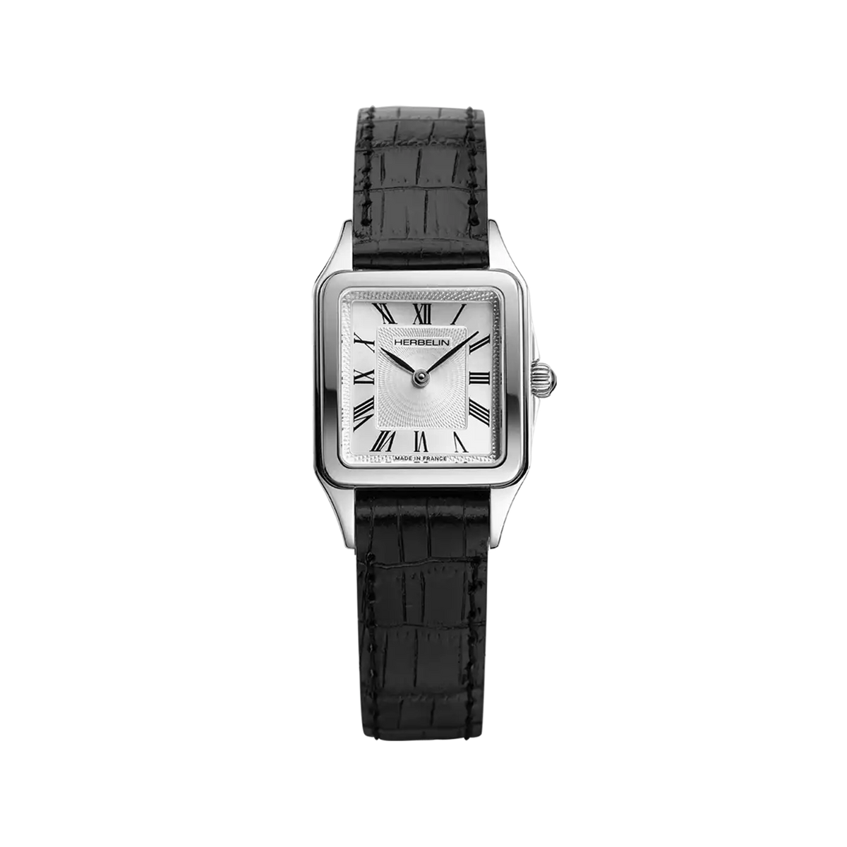 ⁣⁢Luna, silver guilloché dial, steel square case, leather strap⁤⁣