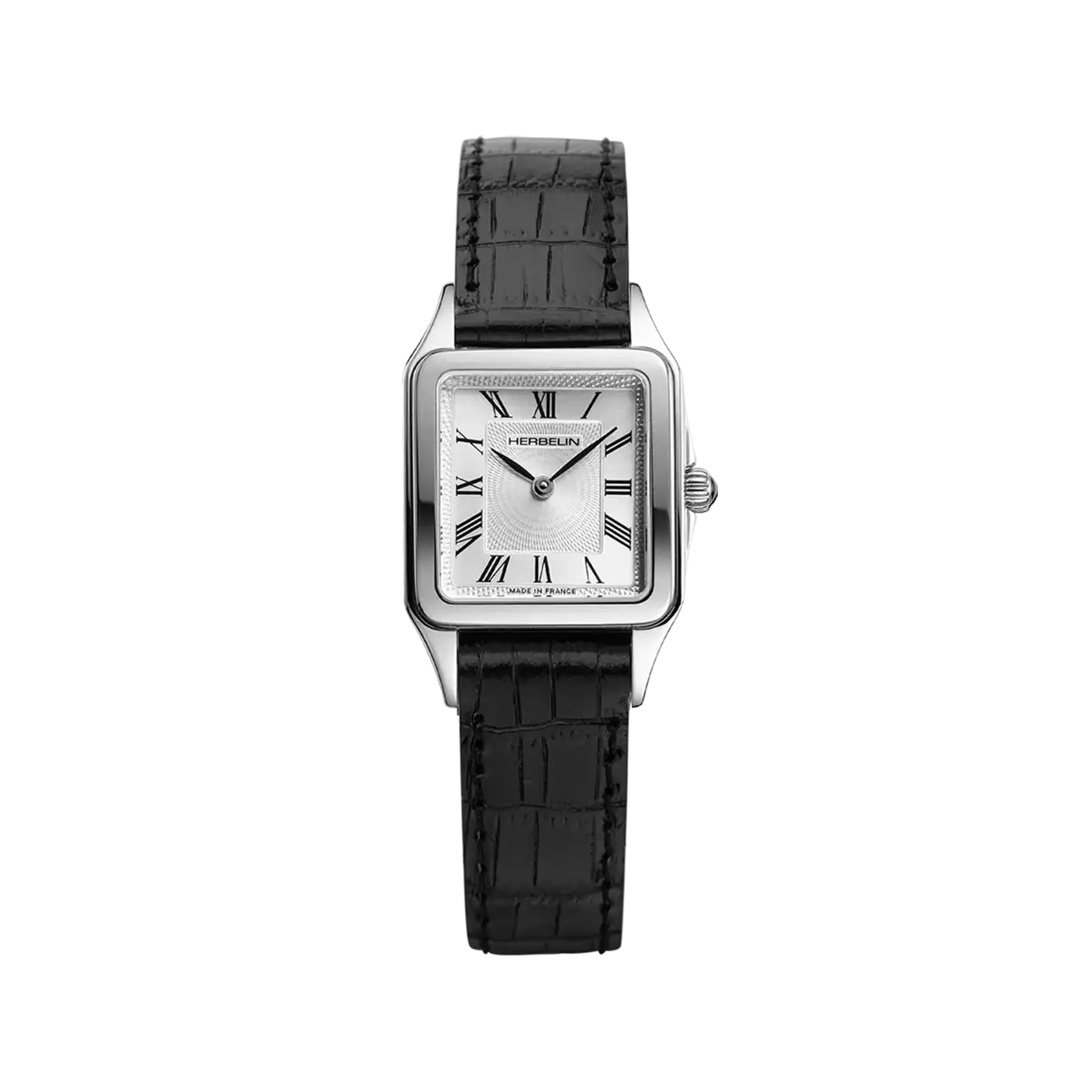 Luna, cadran argent guilloché, boîtier carré acier, bracelet cuir