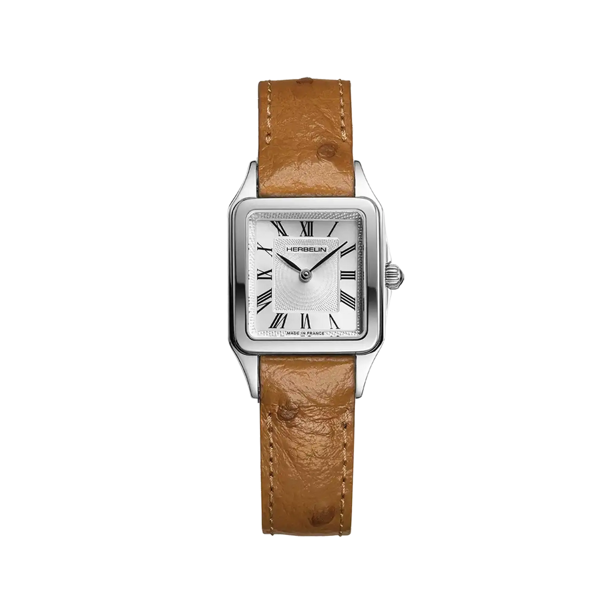 ⁣⁢Luna, silver guilloché dial, steel square case, leather strap⁤⁣