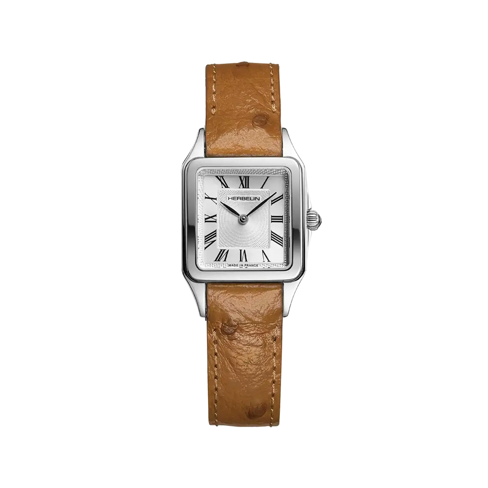 Luna, cadran argent guilloché, boîtier carré acier, bracelet cuir