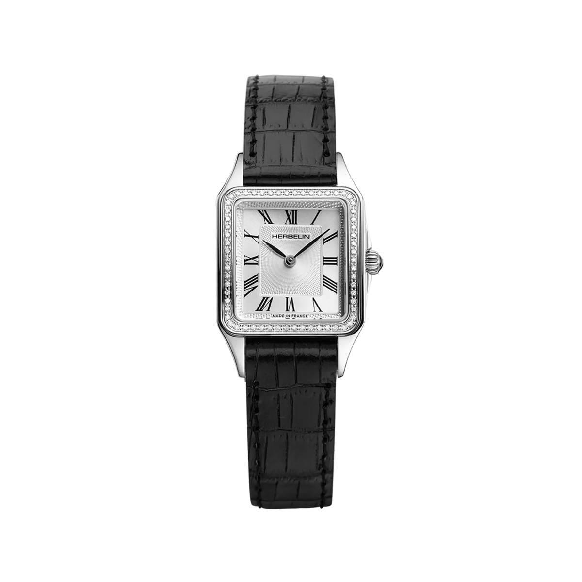 ⁣⁢Luna, silver-white dial, square steel case, leather strap⁤⁣