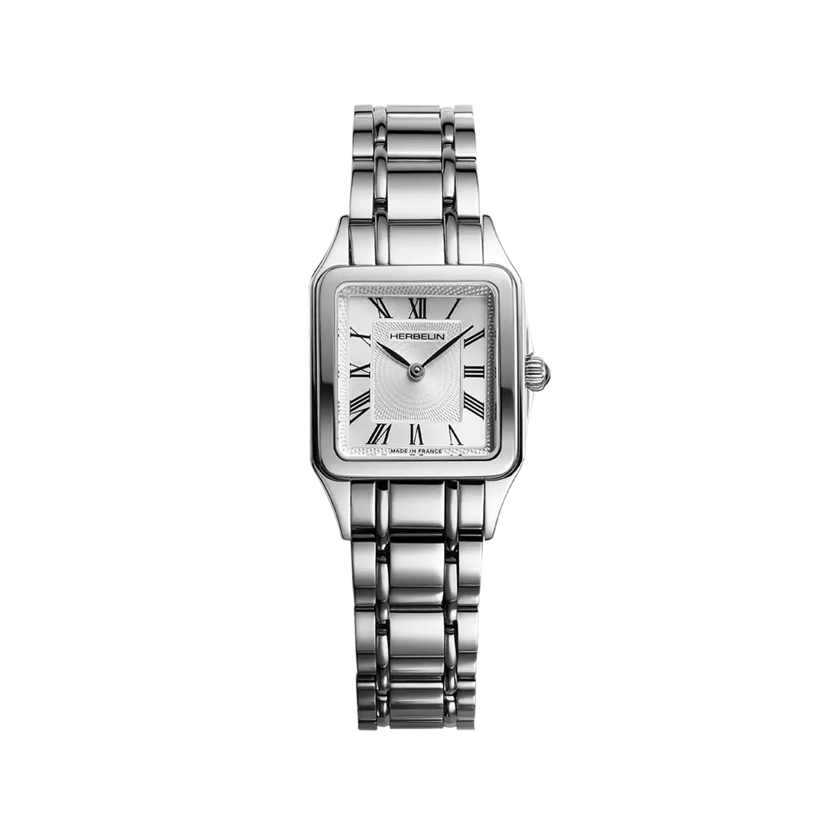 ⁣⁢Luna, silver guilloché dial, steel square case, steel bracelet⁤⁣