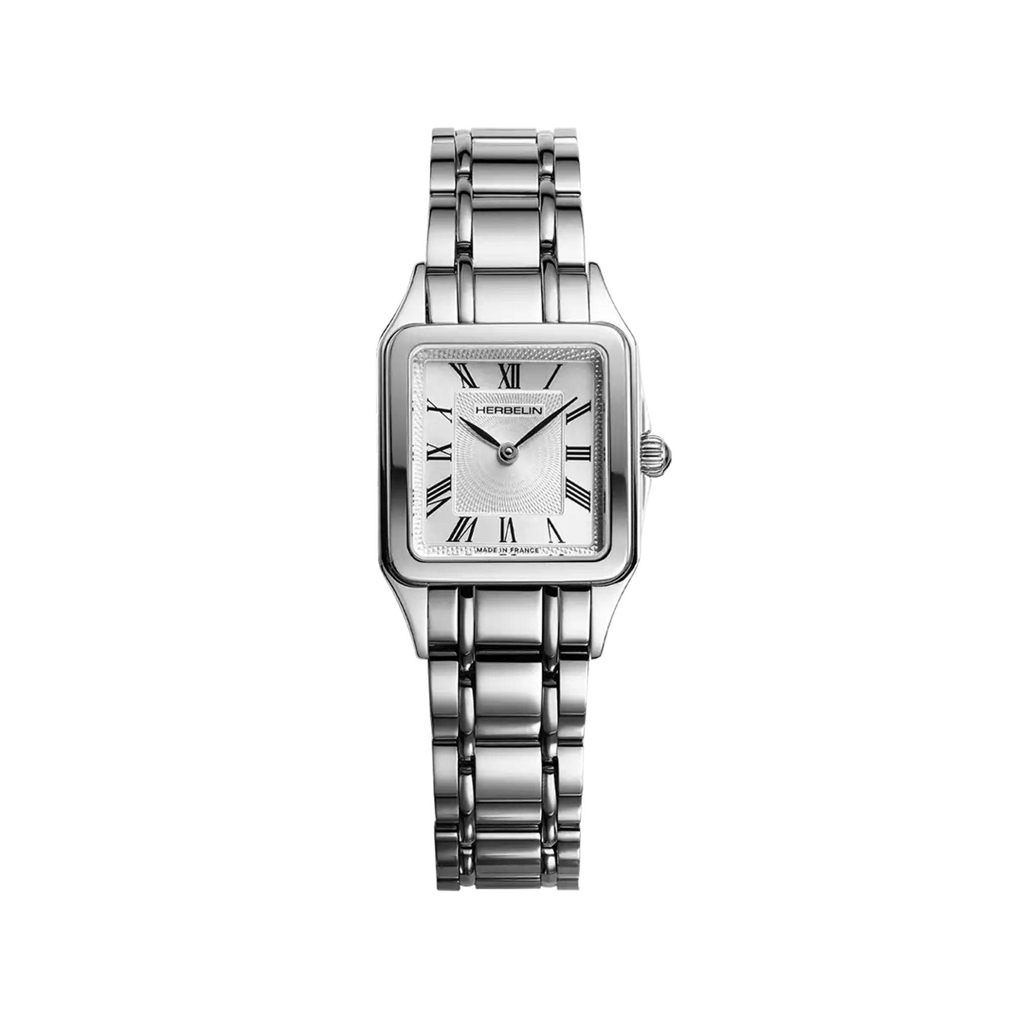Luna, cadran argent guilloché, boîtier carré acier, bracelet acier