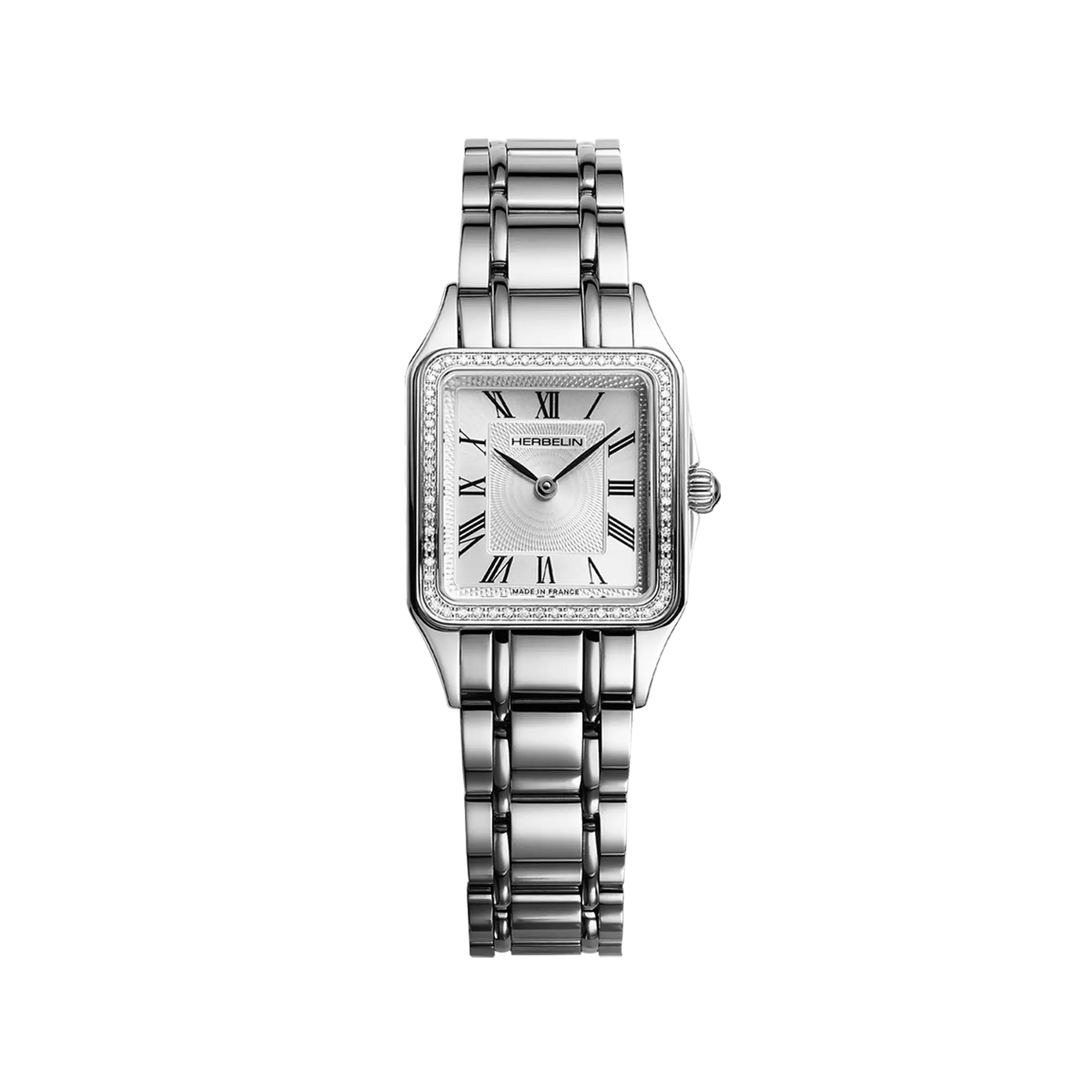 Luna, cadran argent blanc, boîtier carré acier, bracelet acier