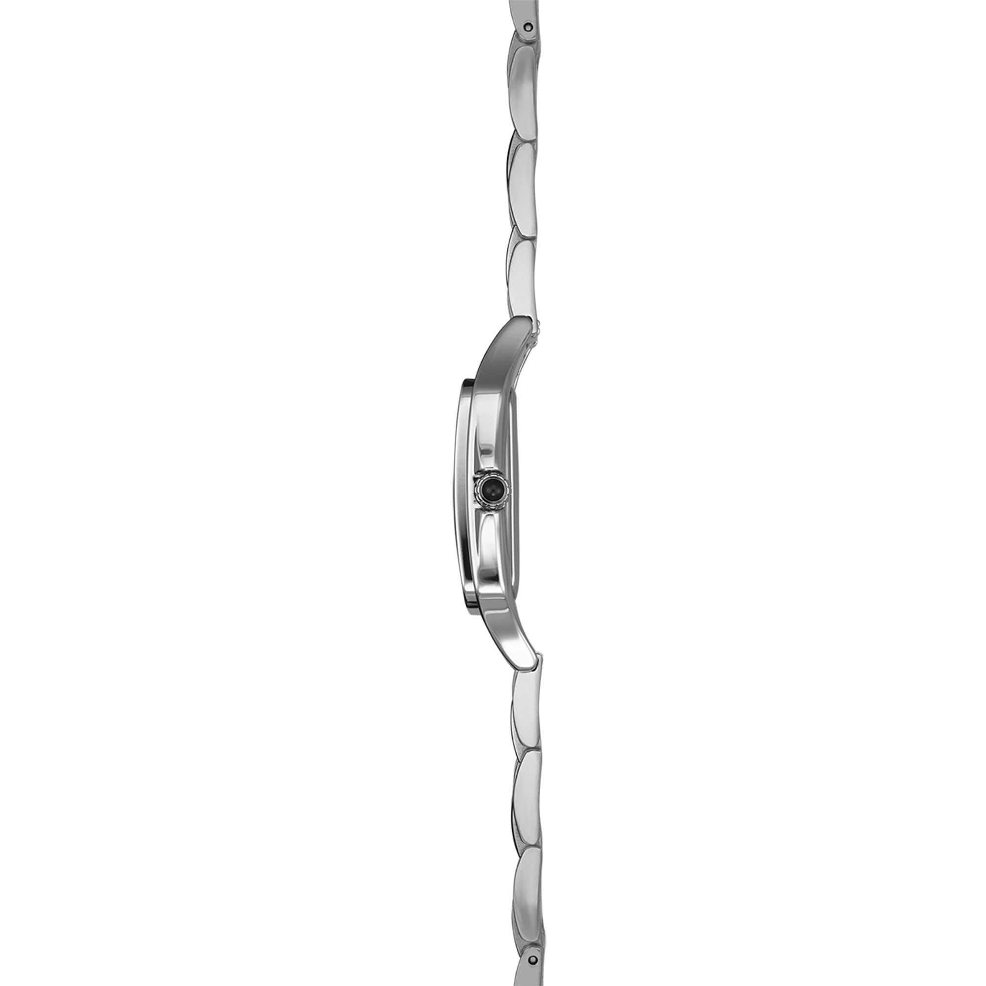 Vue de profil, tranche acier, couronne et attaches du bracelet acier