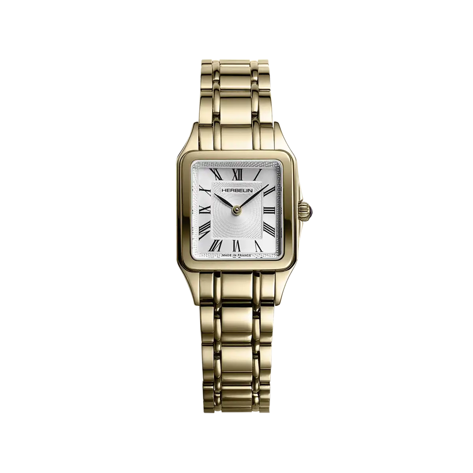 Luna, cadran argent guilloché, boîtier carré acier, bracelet acier