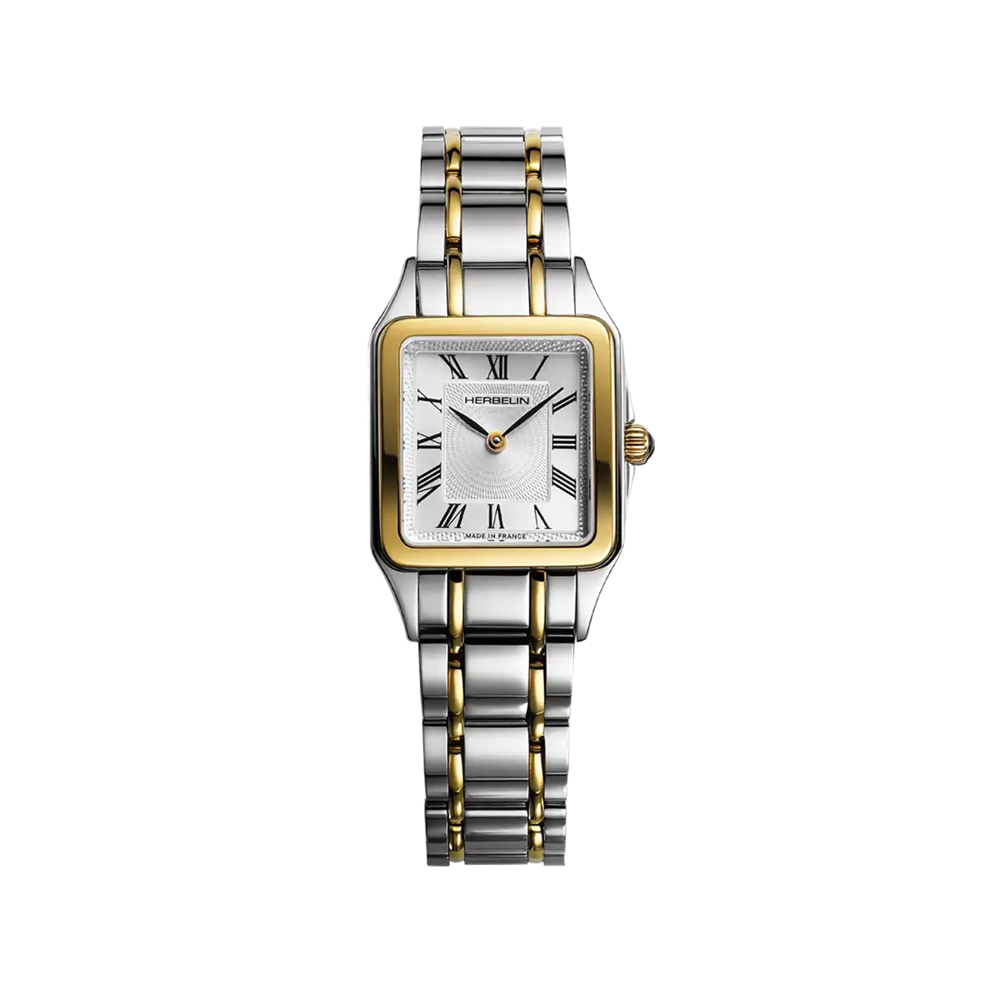 Luna, cadran argent guilloché, boîtier carré acier PVD or jaune, bracelet acier bicolore