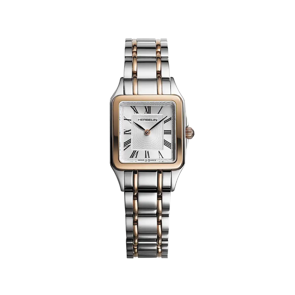 ⁣⁢Luna, silver guilloché dial, rose gold PVD steel square case, rose gold PVD steel bracelet⁤⁣