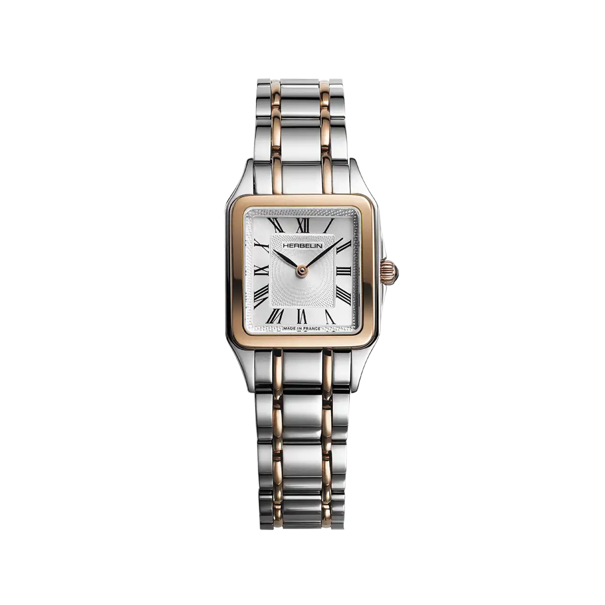 Luna, cadran argent guilloché, boîtier carré acier PVD or rose, bracelet acier PVD or rose