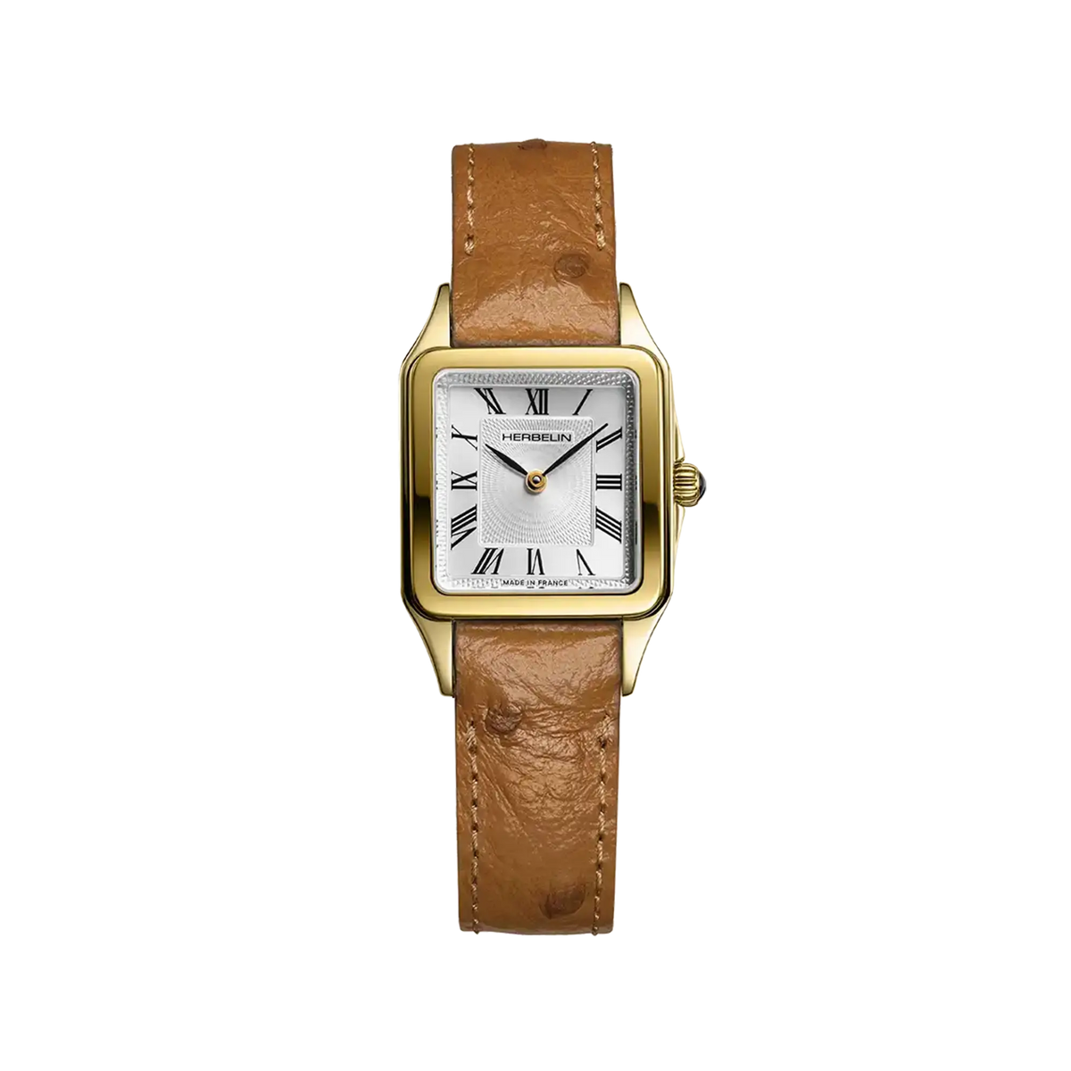 ⁣⁢Luna, Guilloché Silver Dial, Yellow Gold PVD Steel Square Case, Leather Strap⁤⁣